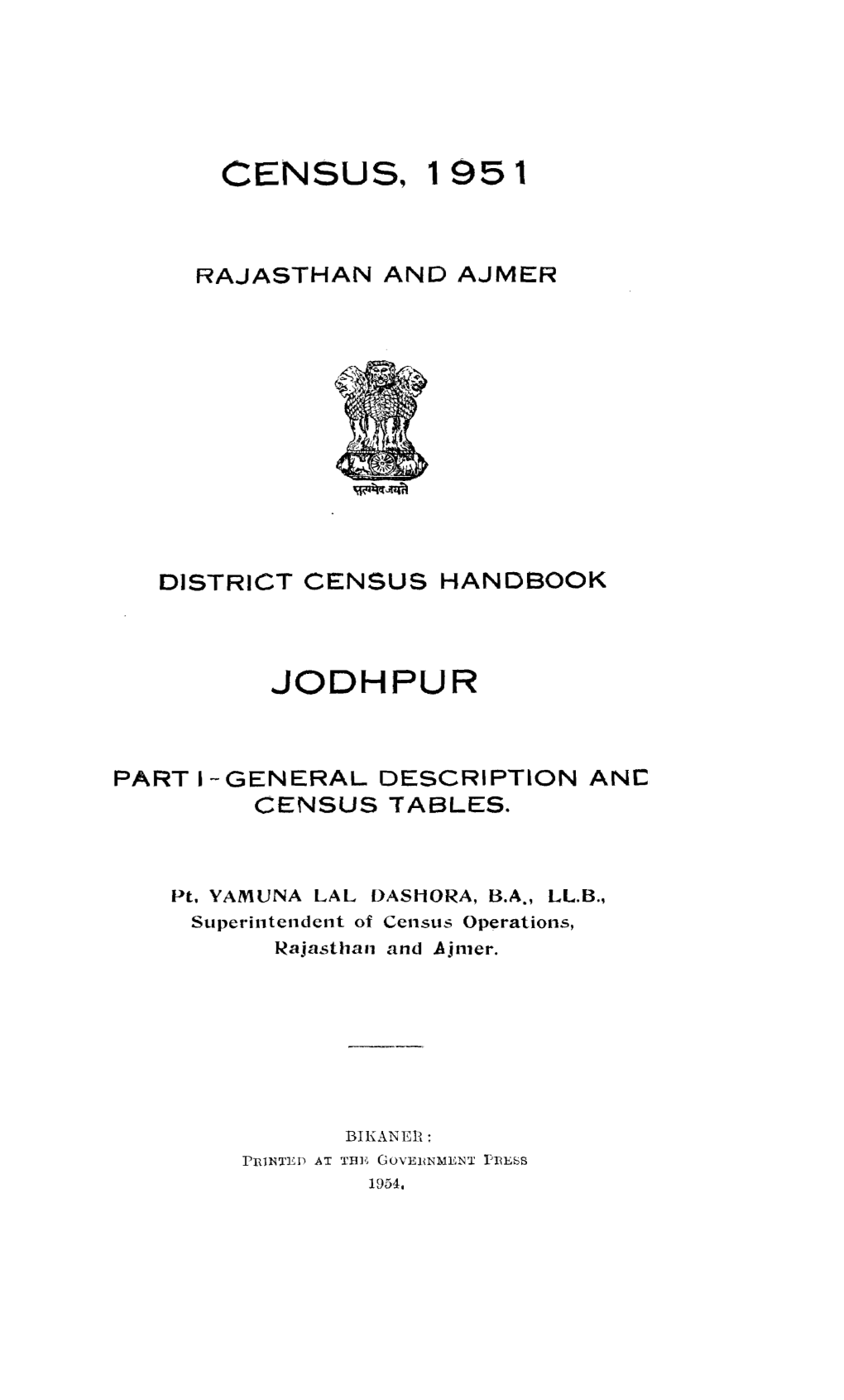 District Census Handbook, 12-Jodhpur, Part I, Rajasthan And