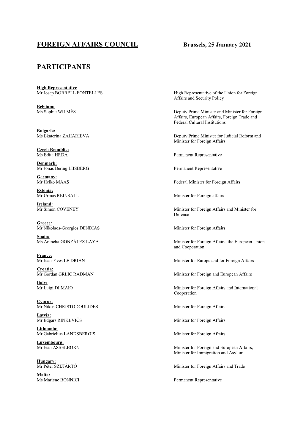 Foreign Affairs Council Participants