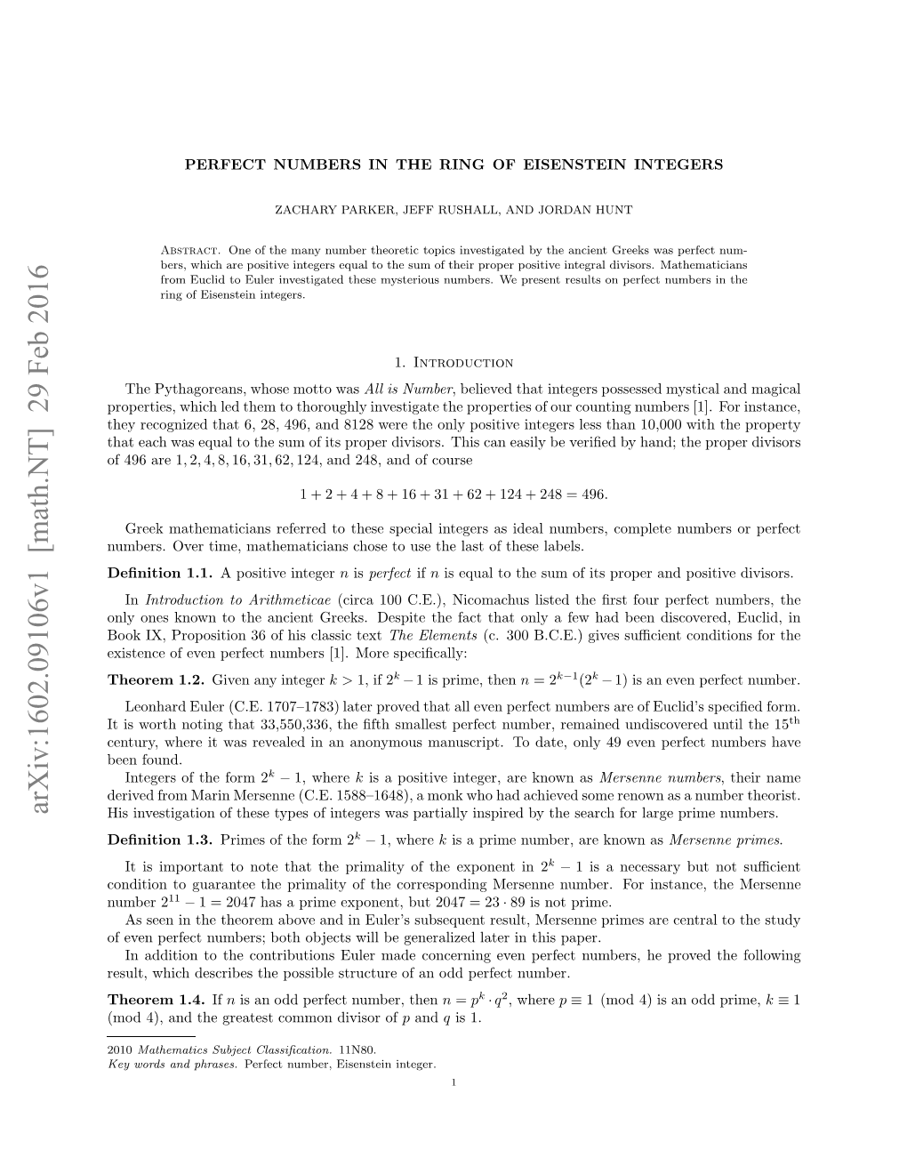 Perfect Numbers in the Ring of Eisenstein Integers