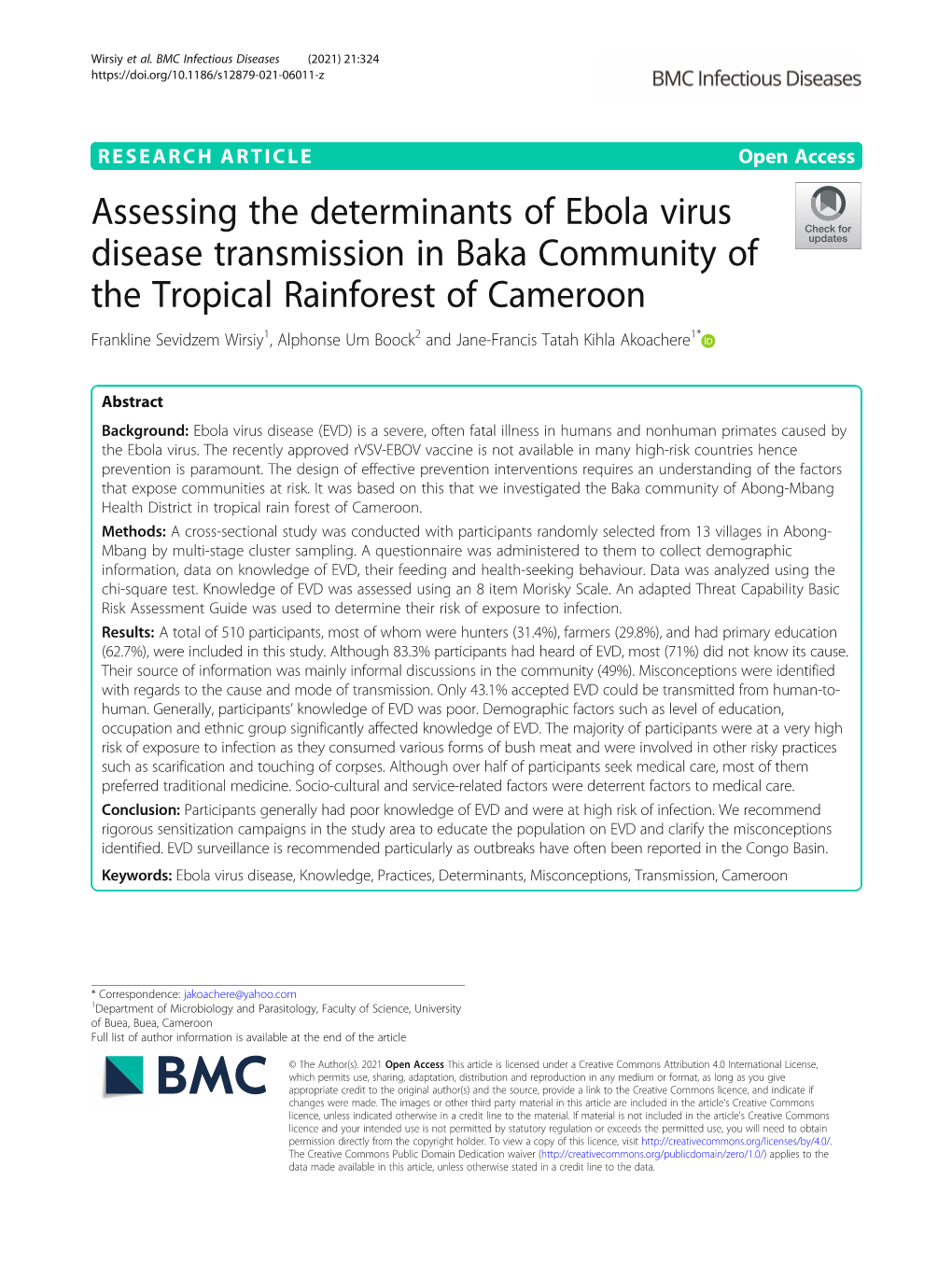 Assessing the Determinants of Ebola Virus Disease Transmission in Baka