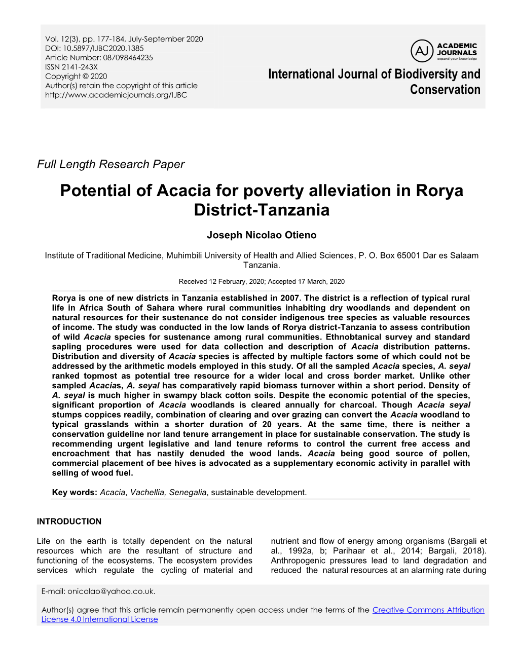 Potential of Acacia for Poverty Alleviation in Rorya District-Tanzania