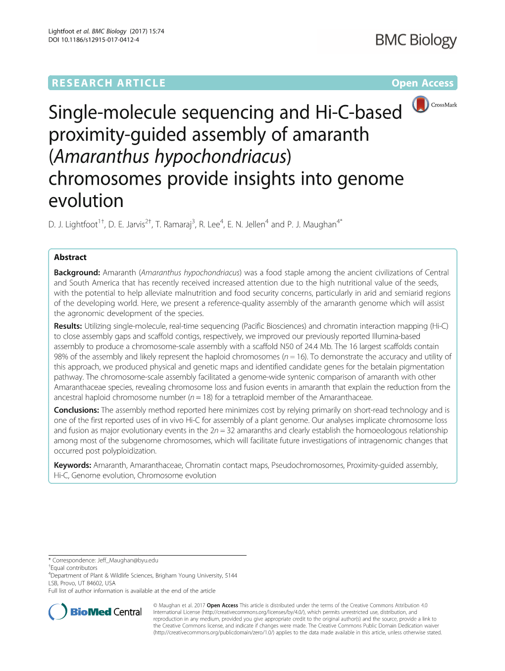 Single-Molecule Sequencing and Hi-C-Based Proximity-Guided Assembly of Amaranth (Amaranthus Hypochondriacus) Chromosomes Provide Insights Into Genome Evolution D