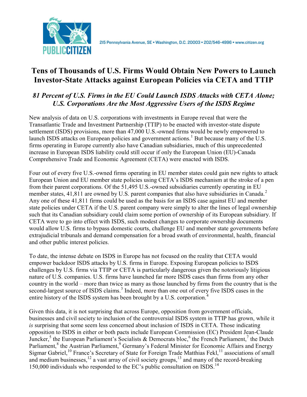 Tens of Thousands of U.S. Firms Would Obtain New Powers to Launch Investor-State Attacks Against European Policies Via CETA and TTIP