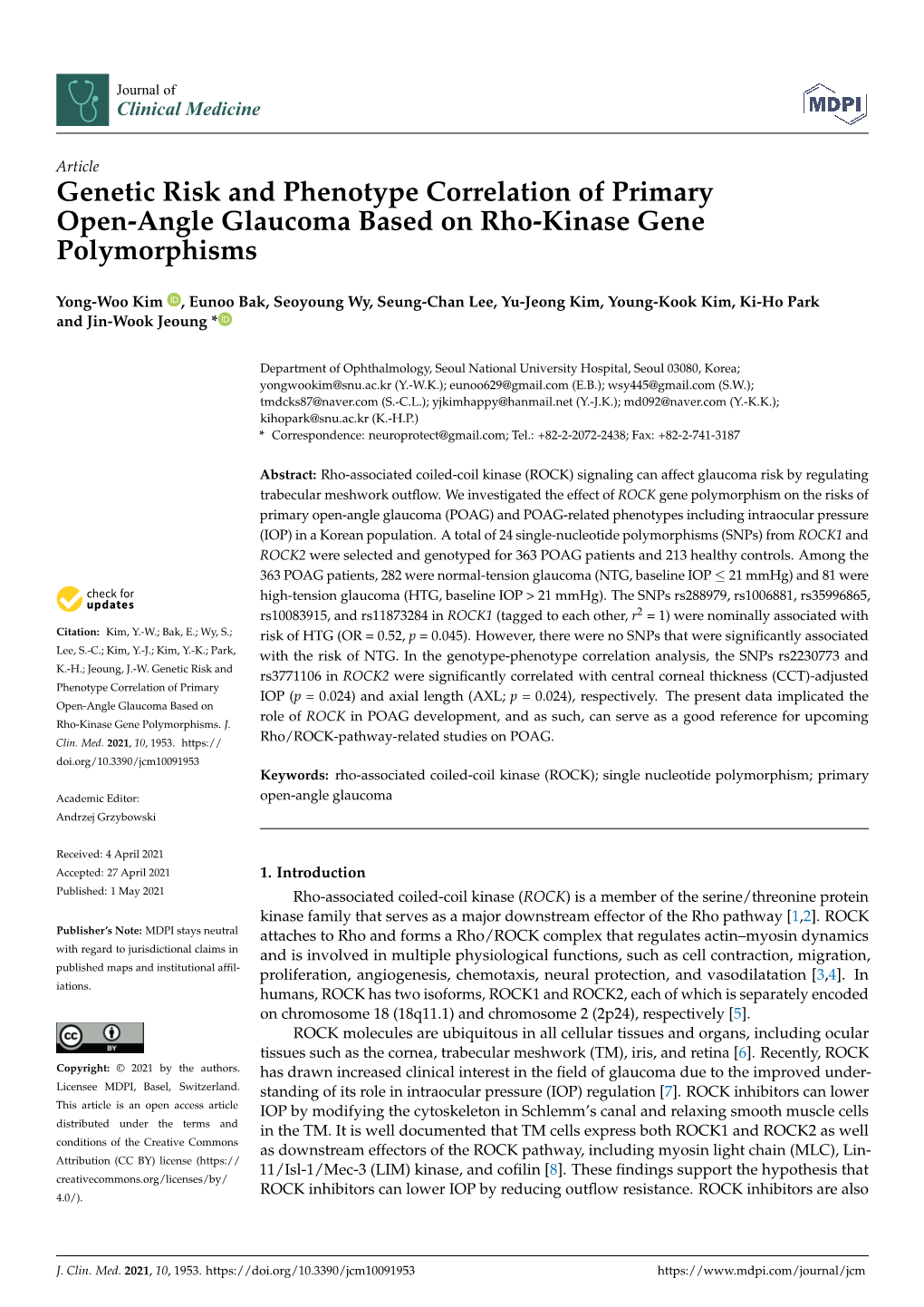 Genetic Risk and Phenotype Correlation of Primary Open-Angle Glaucoma Based on Rho-Kinase Gene Polymorphisms