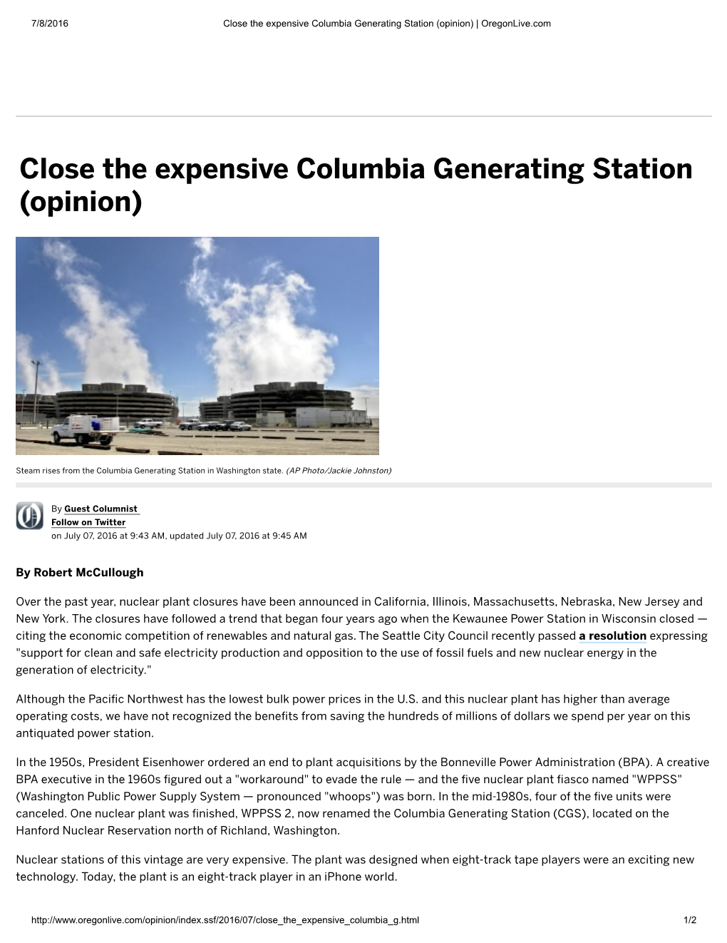 Close the Expensive Columbia Generating Station (Opinion) | Oregonlive.Com