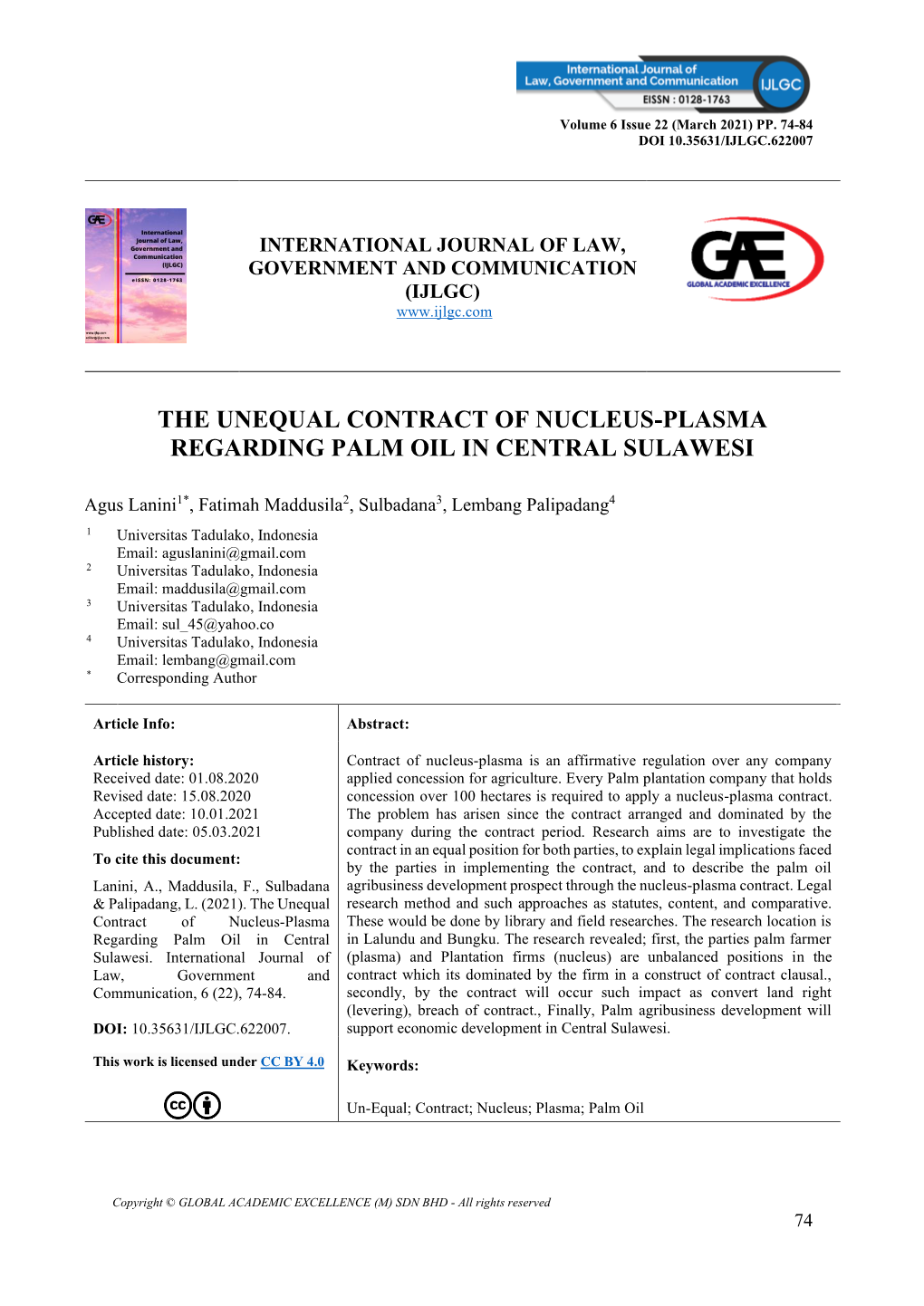 The Unequal Contract of Nucleus-Plasma Regarding Palm Oil in Central Sulawesi