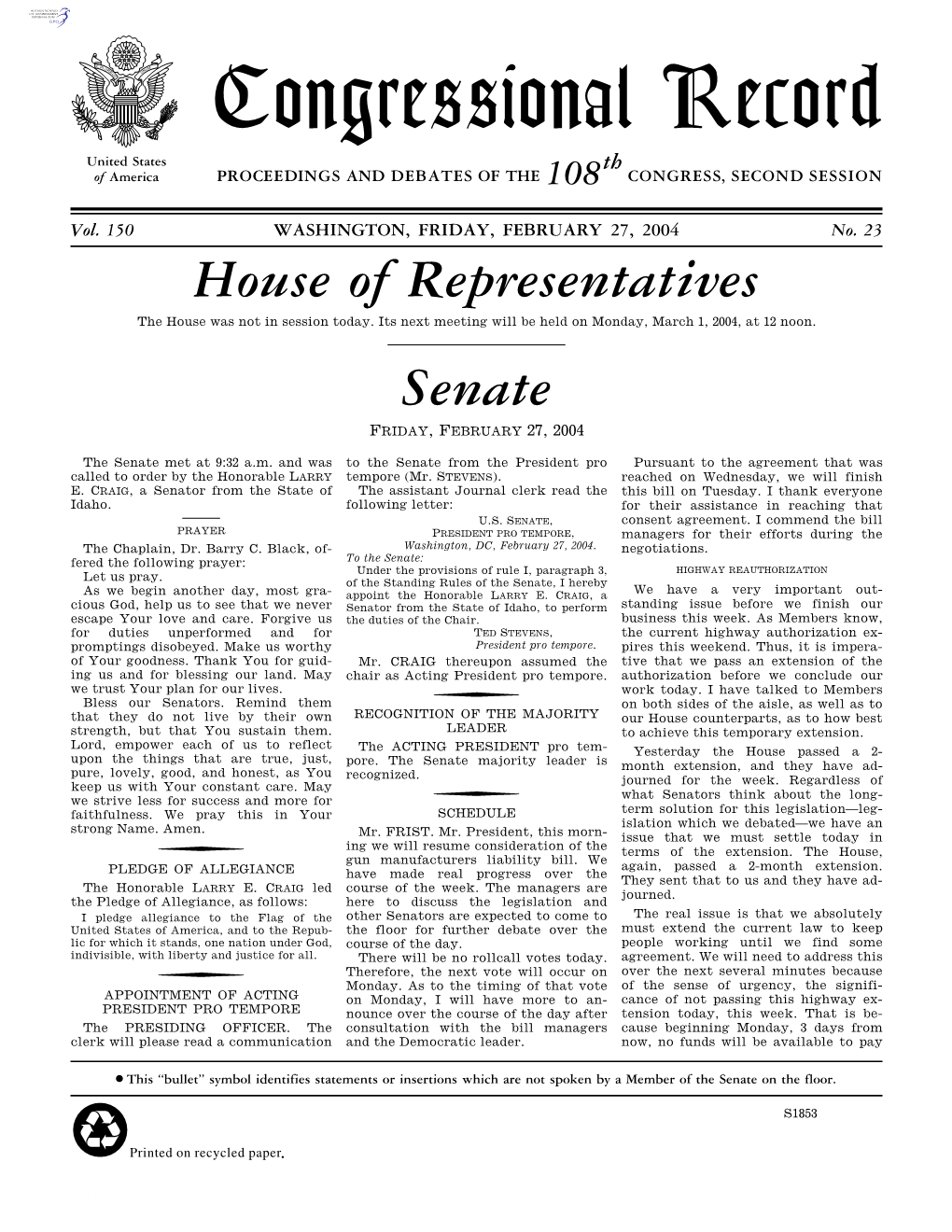 Congressional Record United States Th of America PROCEEDINGS and DEBATES of the 108 CONGRESS, SECOND SESSION