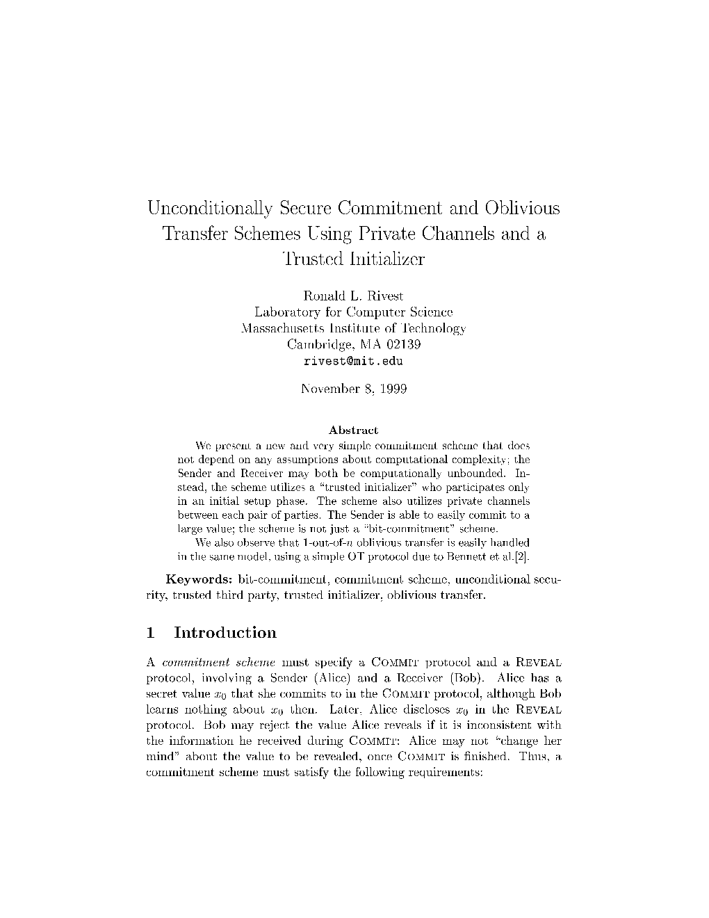 Unconditionally Secure Commitment and Oblivious Transfer Schemes