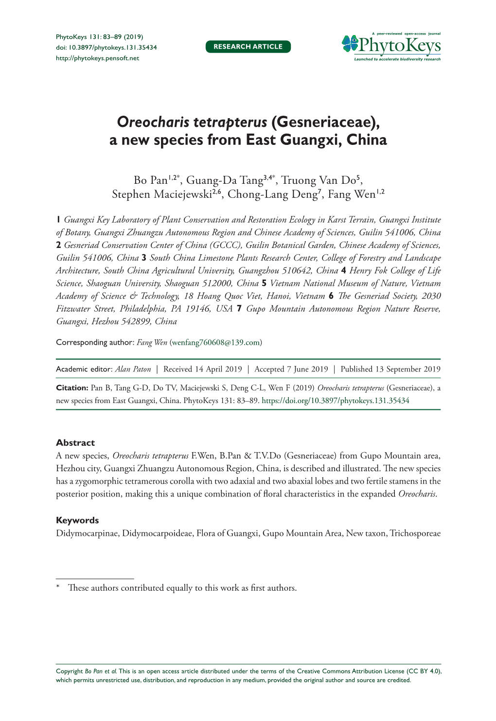 Oreocharis Tetrapterus (Gesneriaceae), a New Species from East Guangxi, China