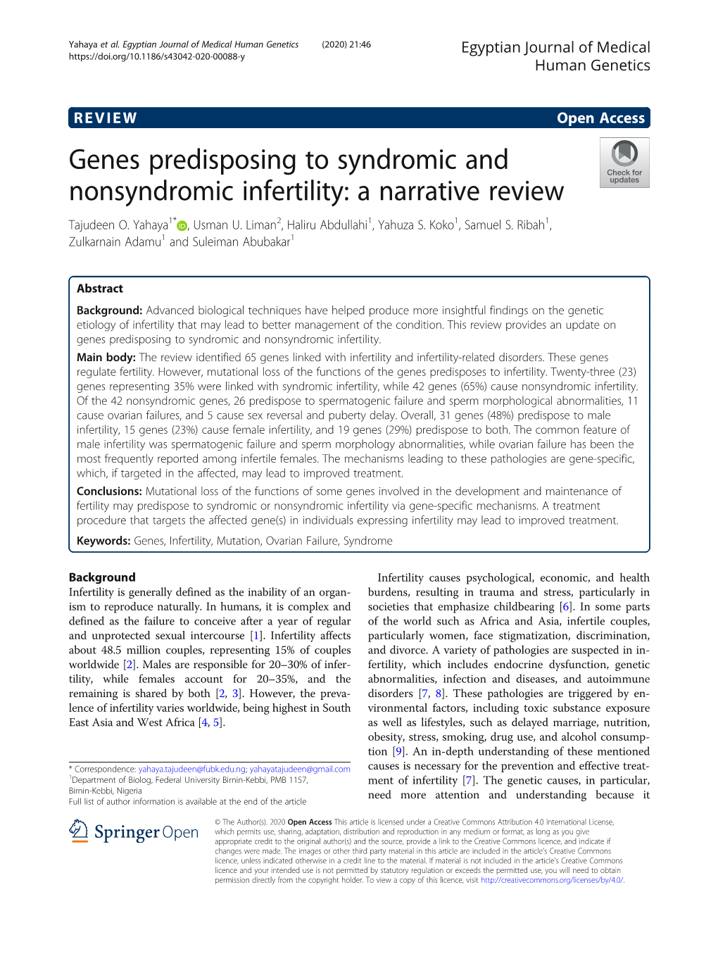 Genes Predisposing to Syndromic and Nonsyndromic Infertility: a Narrative Review Tajudeen O