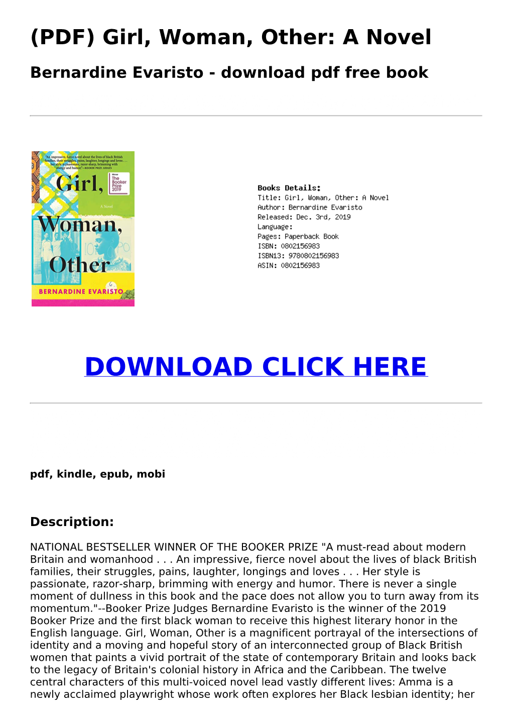 <Dfc3020> (PDF) Girl, Woman, Other: a Novel Bernardine Evaristo