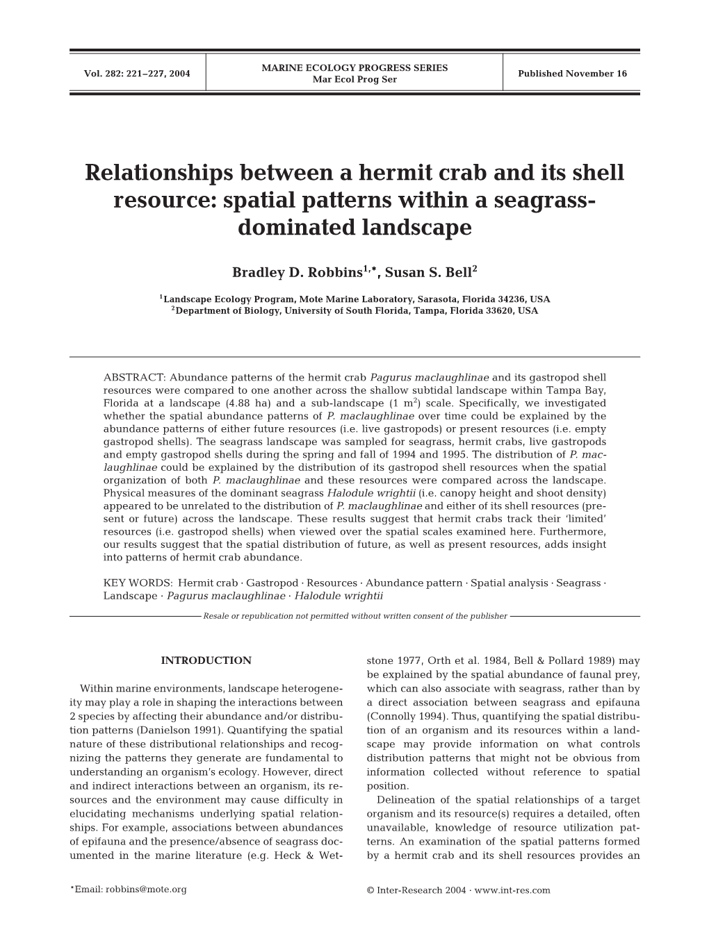 Relationships Between a Hermit Crab and Its Shell Resource: Spatial Patterns Within a Seagrass- Dominated Landscape