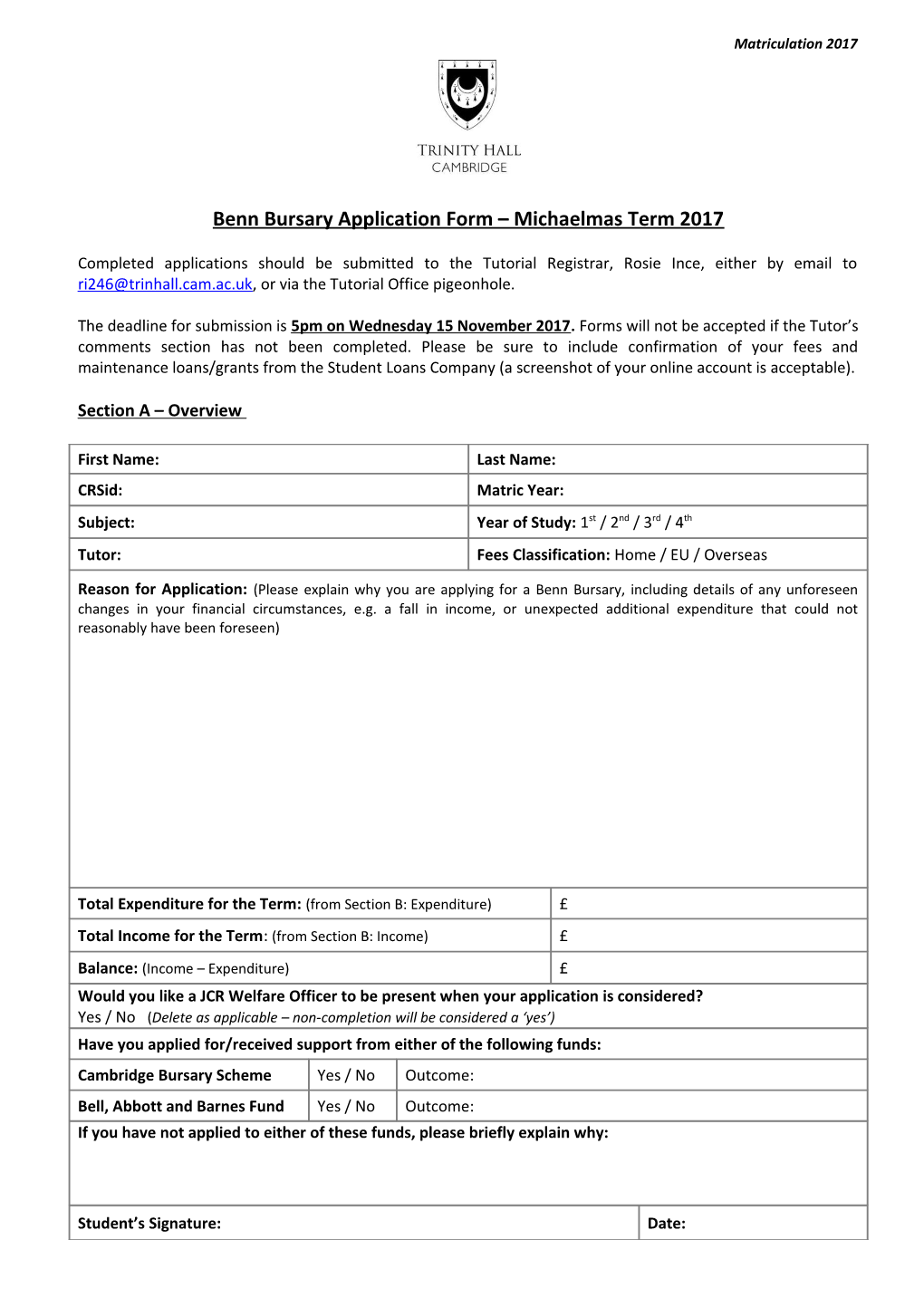 Benn Bursary Application Form Michaelmas Term 2017