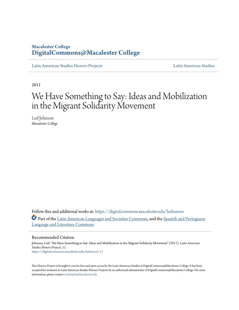 Ideas and Mobilization in the Migrant Solidarity Movement Leif Johnson Macalester College