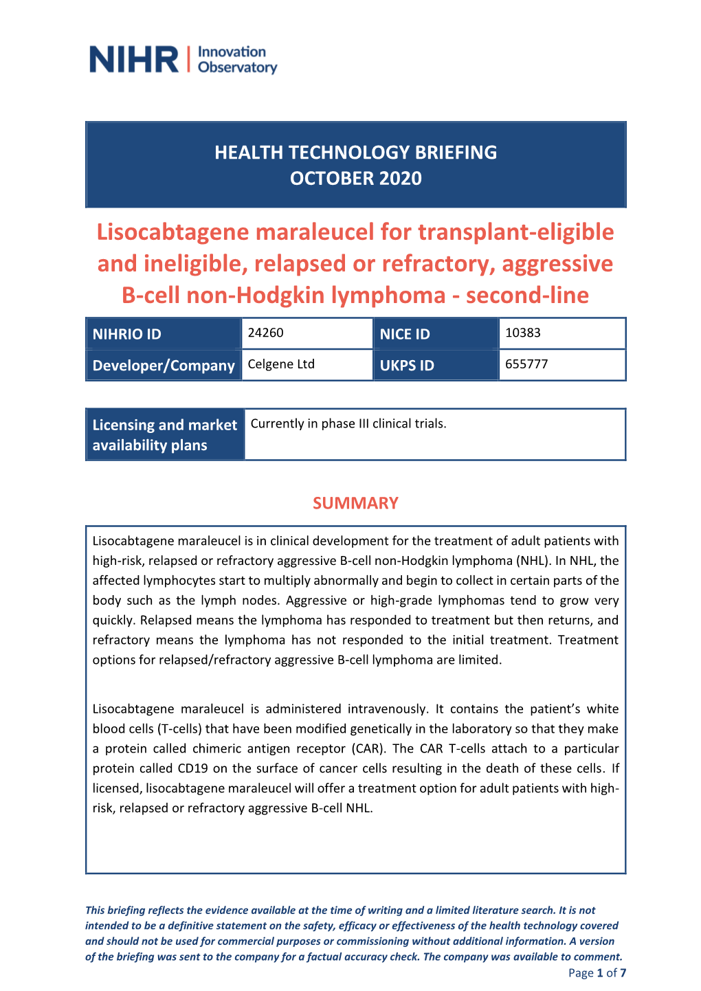 Lisocabtagene Maraleucel for Transplant-Eligible and Ineligible, Relapsed Or Refractory, Aggressive B-Cell Non-Hodgkin Lymphoma - Second-Line