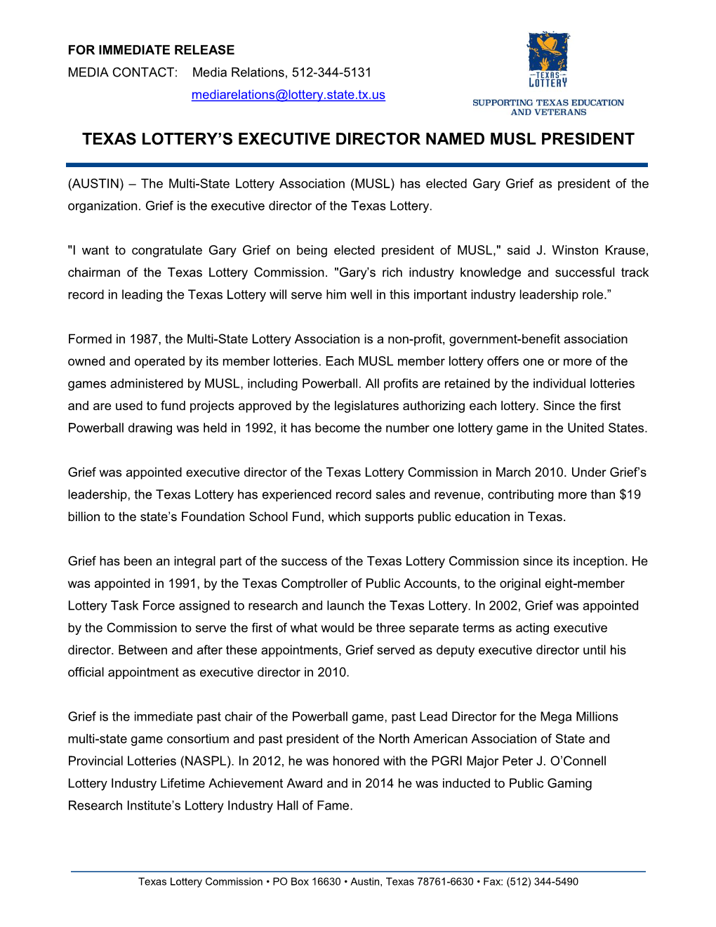 Texas Lottery's Executive Director Named Musl