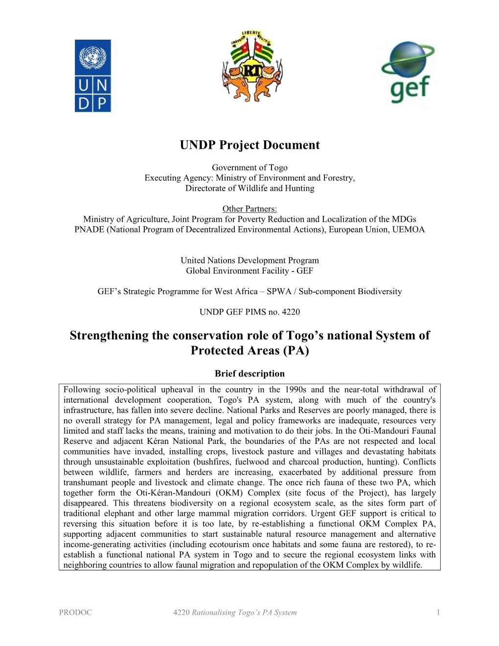 UNDP Project Document Strengthening the Conservation Role