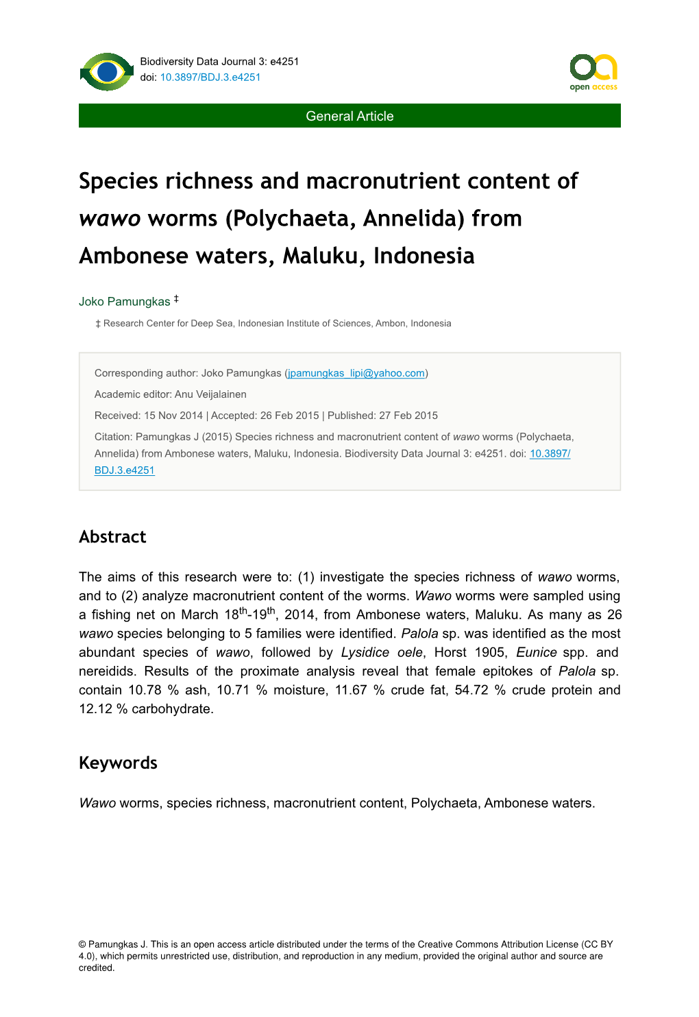 Species Richness and Macronutrient Content of Wawo Worms (Polychaeta, Annelida) from Ambonese Waters, Maluku, Indonesia