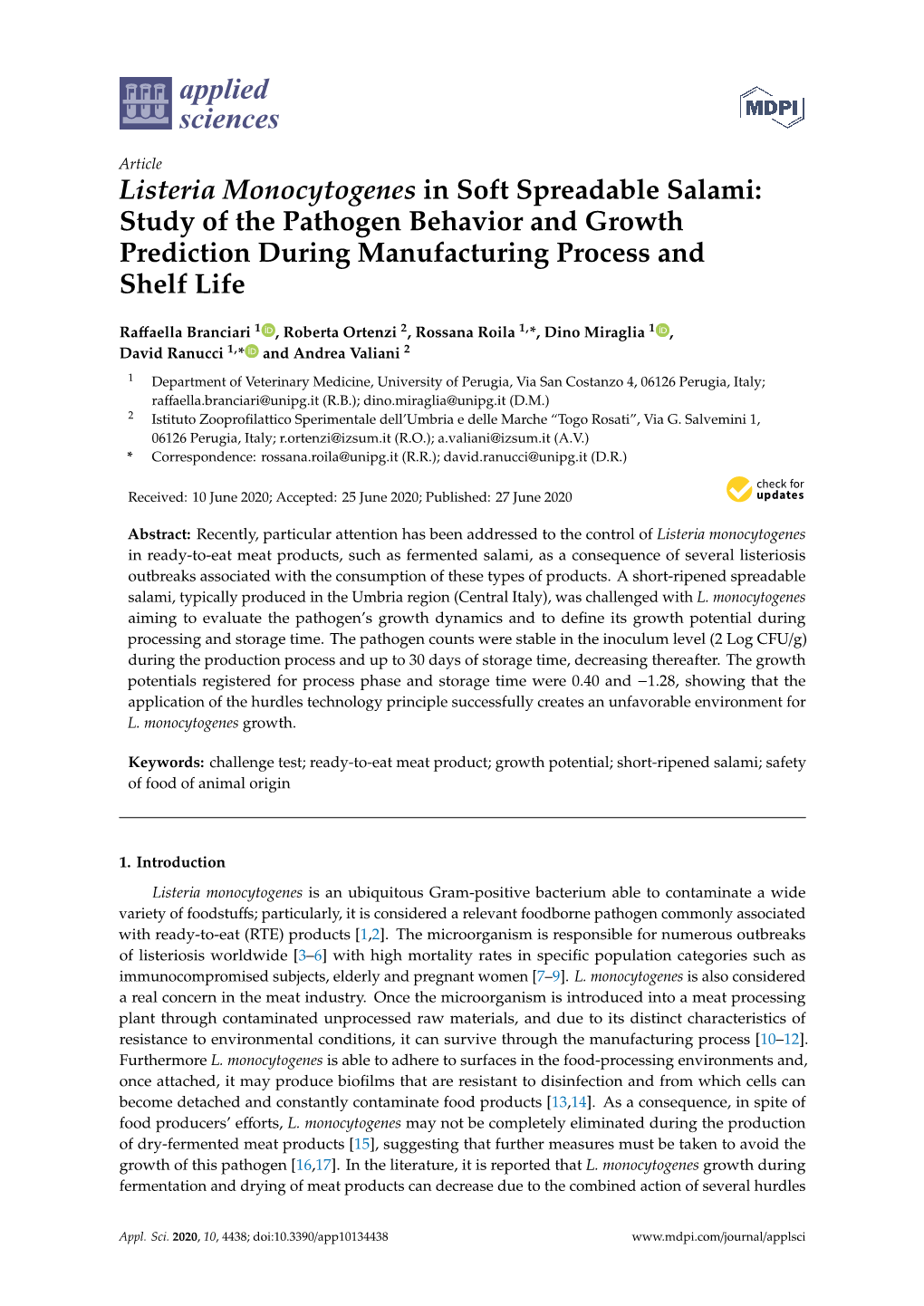 Listeria Monocytogenes in Soft Spreadable Salami: Study of the Pathogen Behavior and Growth Prediction During Manufacturing Process and Shelf Life