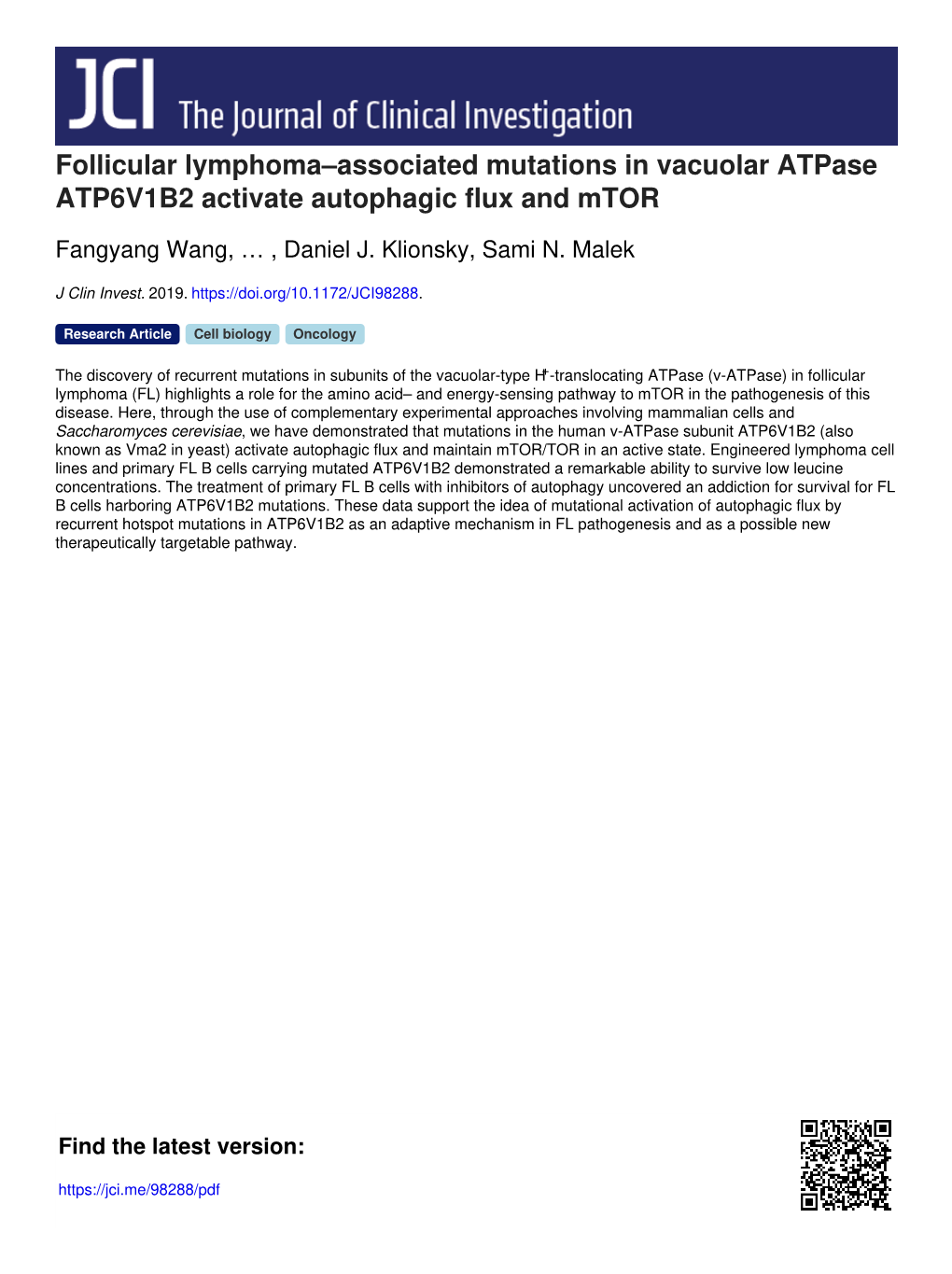 Follicular Lymphoma–Associated Mutations in Vacuolar Atpase ATP6V1B2 Activate Autophagic Flux and Mtor