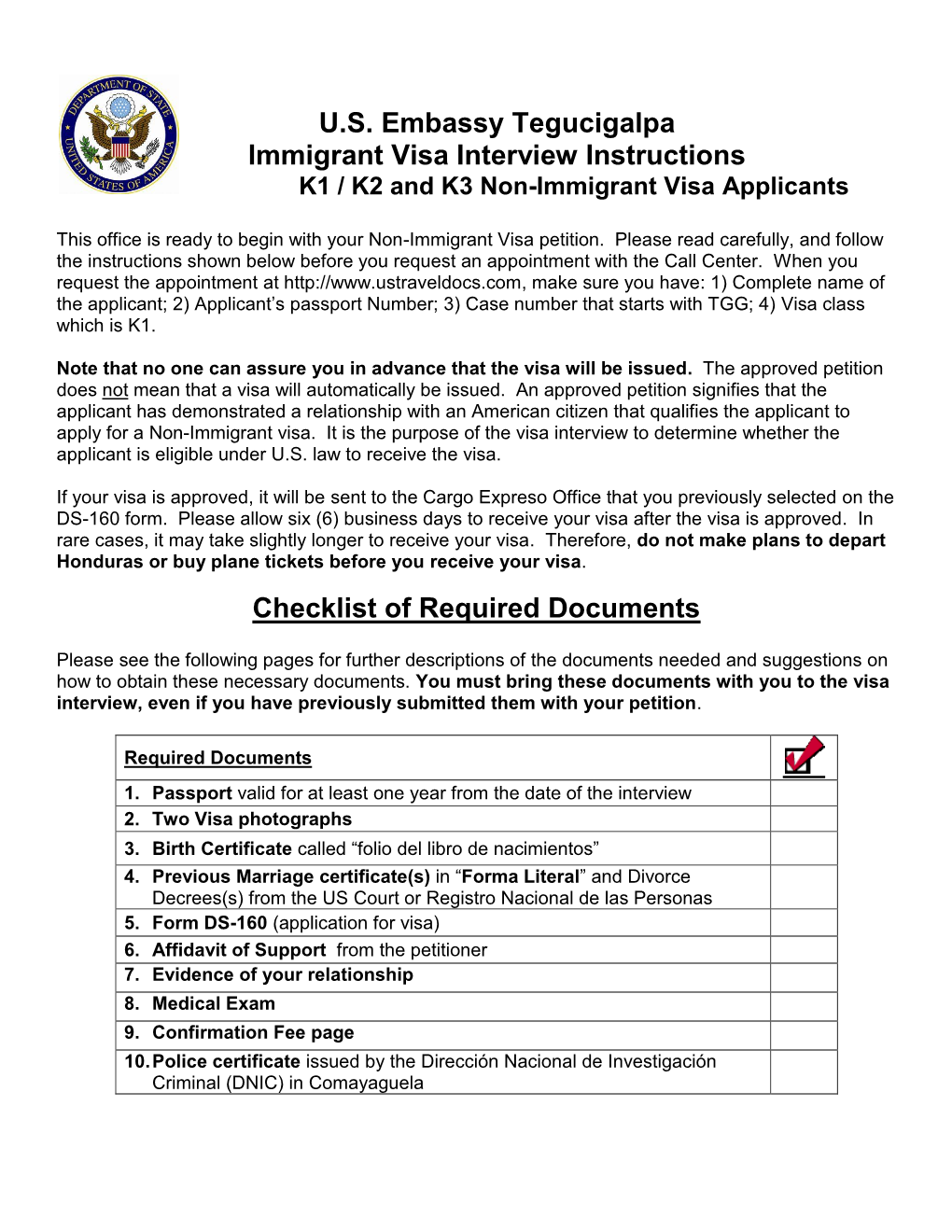 US Embassy Tegucigalpa Immigrant Visa Interview Instructions