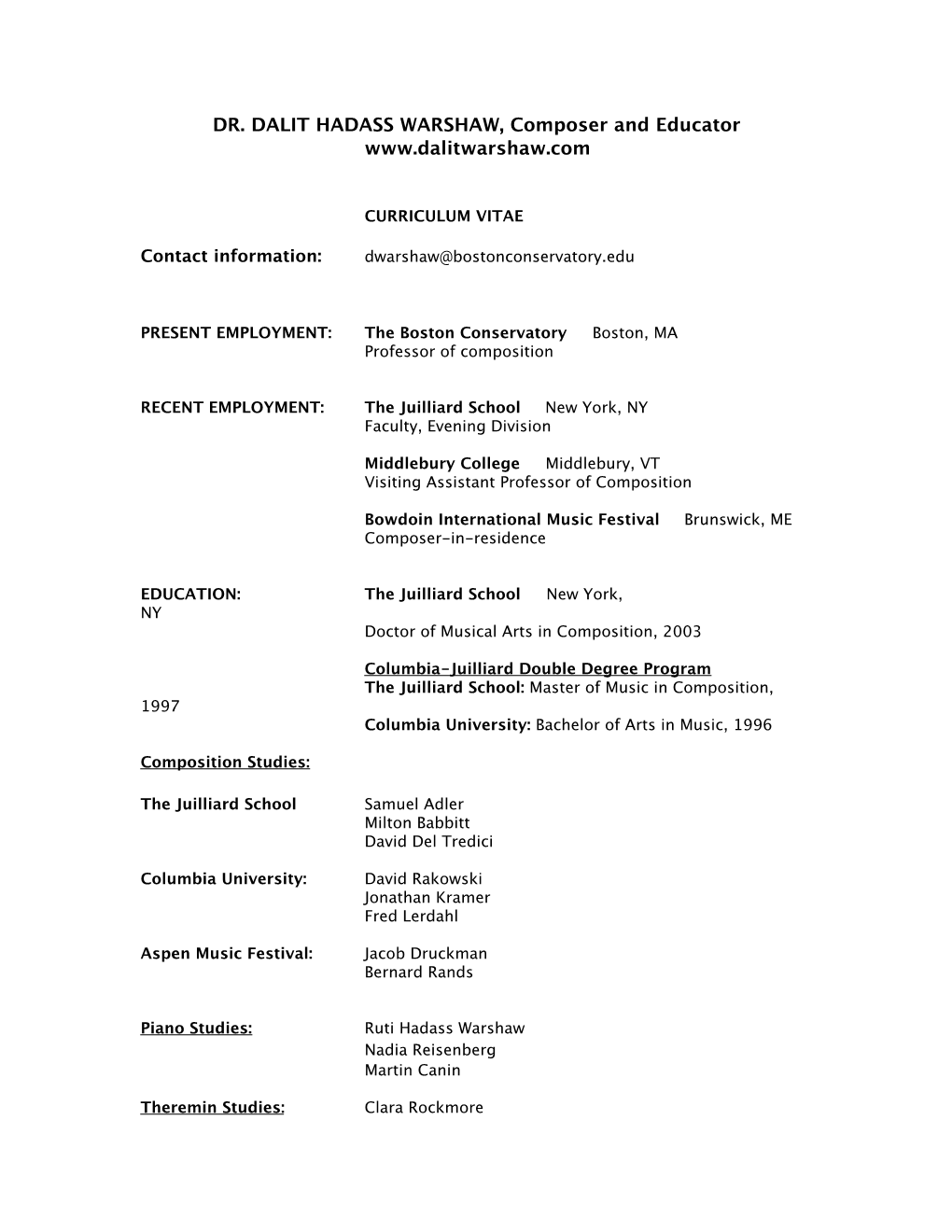 DALIT WARSHAW Academic CV 2012-2