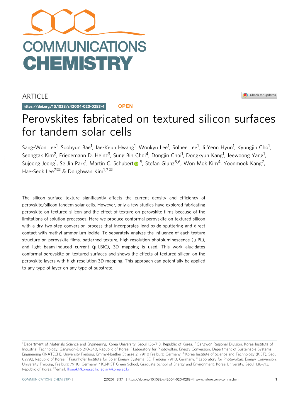 Perovskites Fabricated on Textured Silicon Surfaces for Tandem Solar Cells