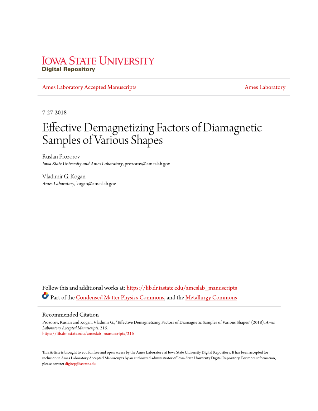 Effective Demagnetizing Factors of Diamagnetic Samples of Various Shapes Ruslan Prozorov Iowa State University and Ames Laboratory, Prozorov@Ameslab.Gov
