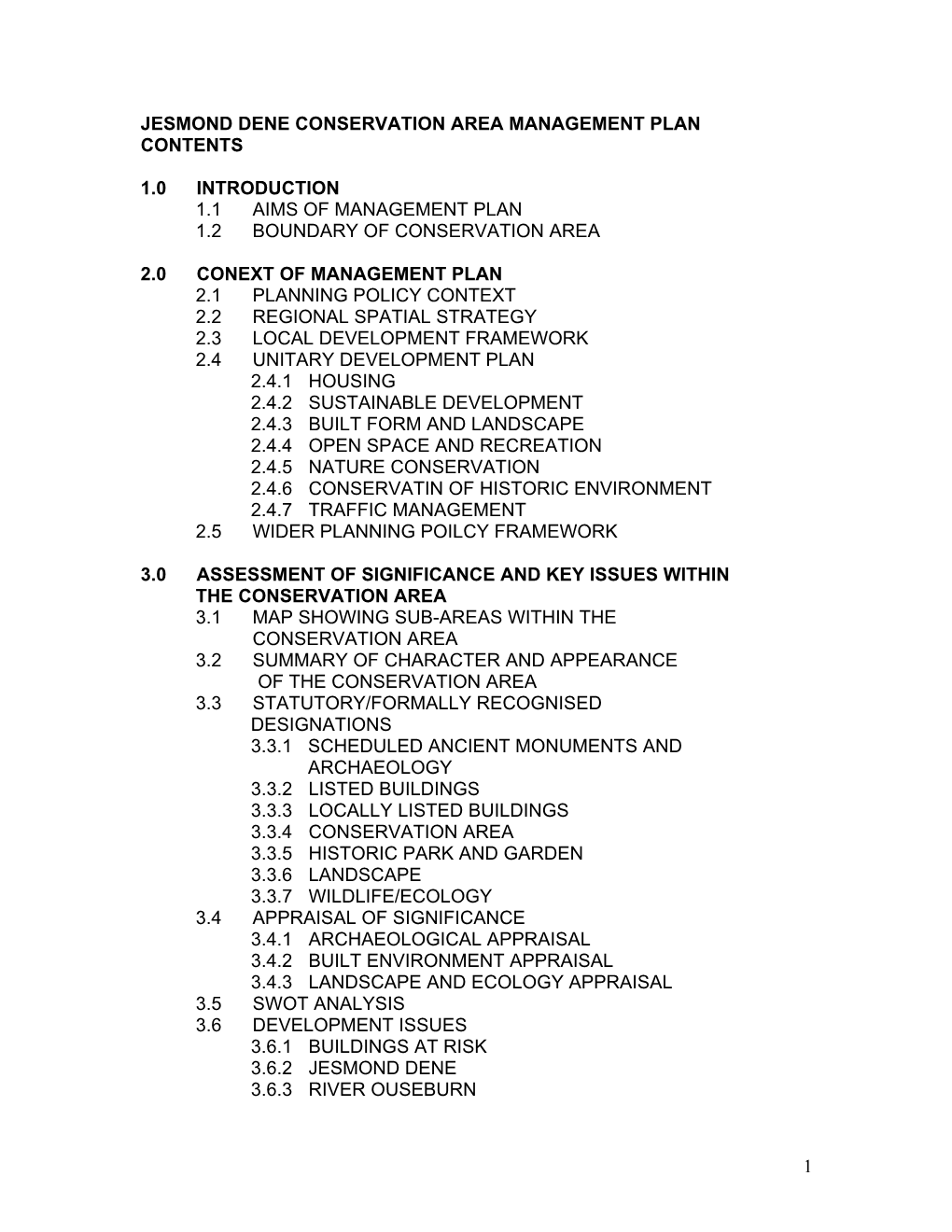 Jesmond Dene Conservation Area Management Plan Contents