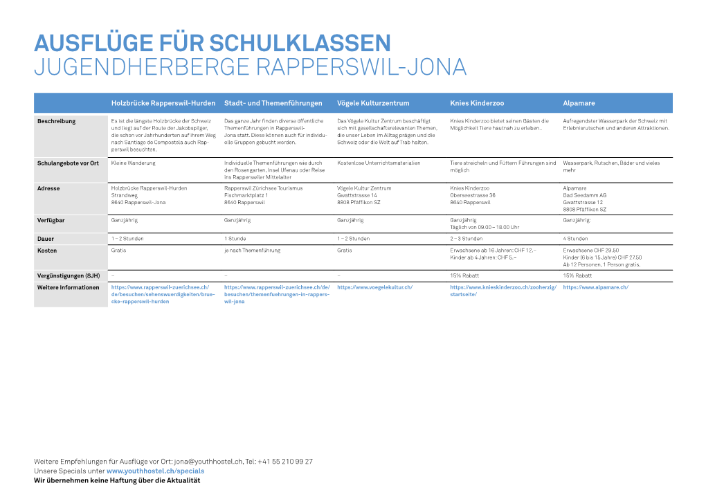 Ausflüge Für Schulklassen Jugendherberge Rapperswil-Jona