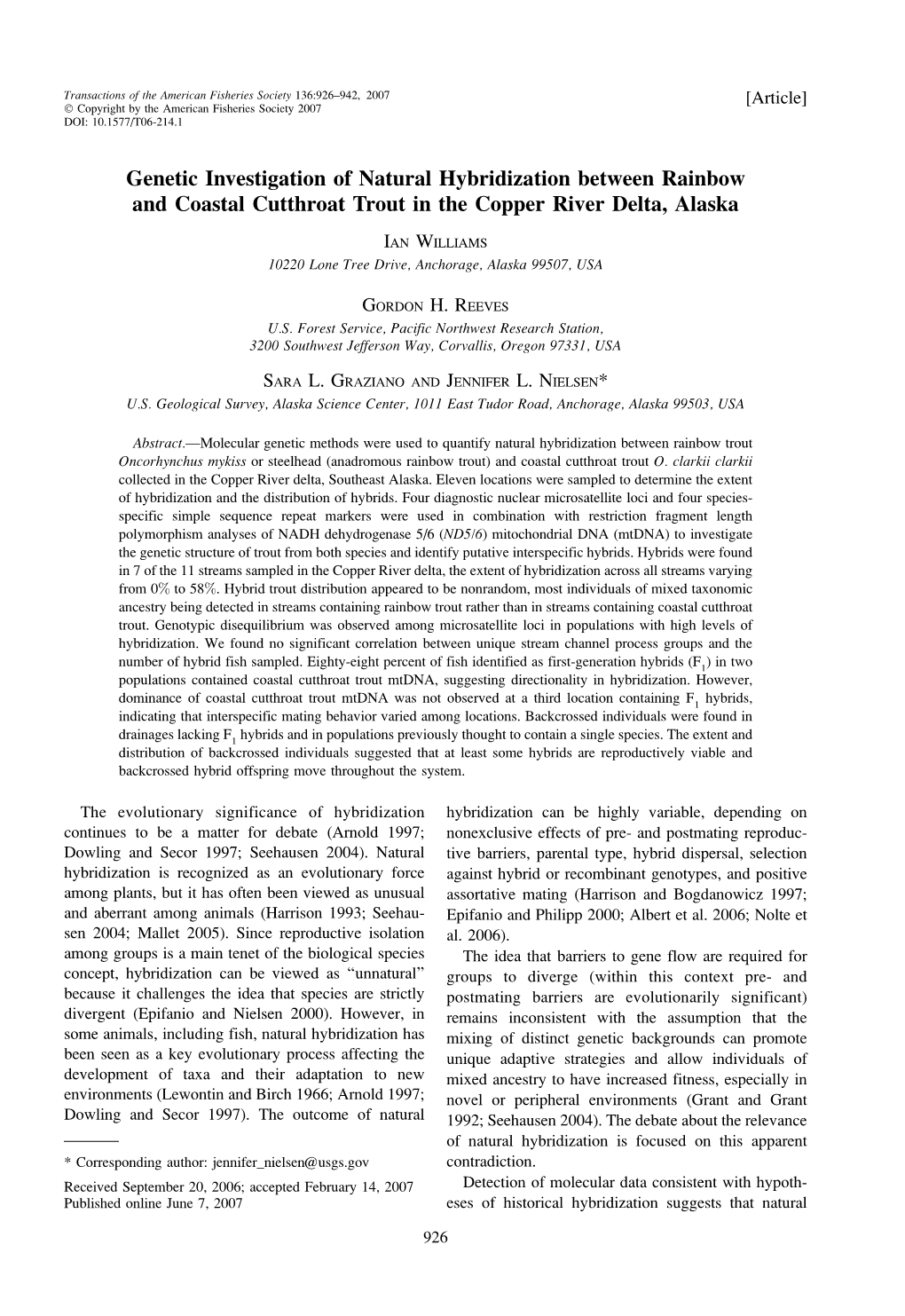 Genetic Investigation of Natural Hybridization Between Rainbow and Coastal Cutthroat Trout in the Copper River Delta, Alaska