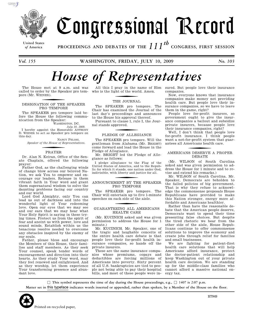 Congressional Record United States Th of America PROCEEDINGS and DEBATES of the 111 CONGRESS, FIRST SESSION