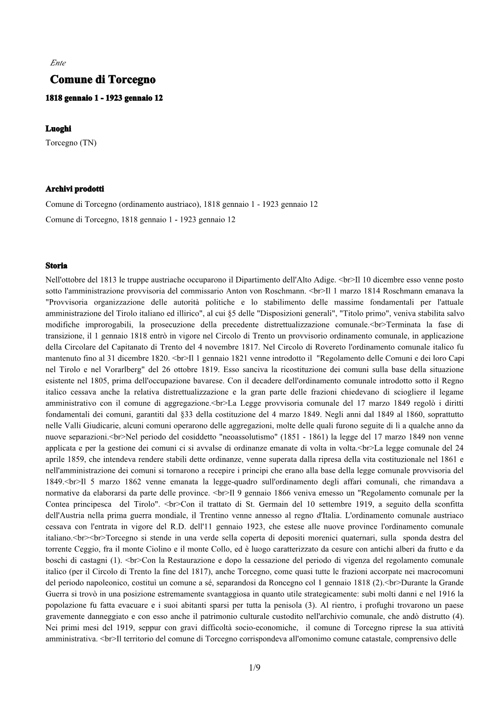 Comune Di Torcegno 1818 Gennaio 1 - 1923 Gennaio 12