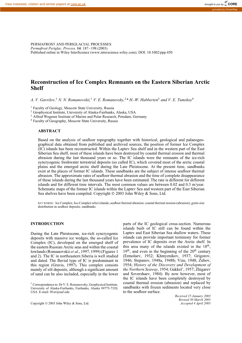 Reconstruction of Ice Complex Remnants on the Eastern Siberian Arctic Shelf