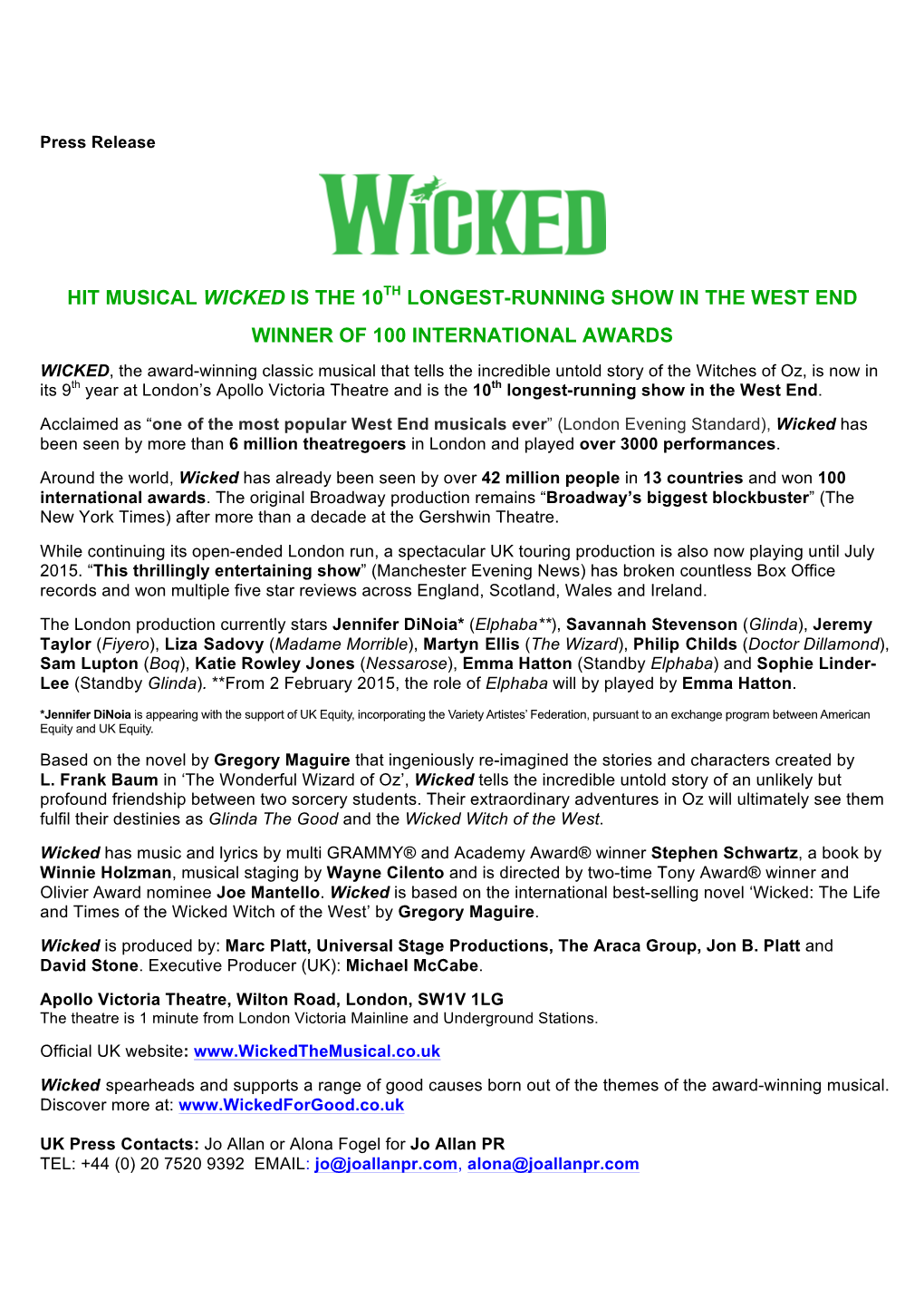 Hit Musical Wicked Is the 10Th Longest-Running Show in the West End