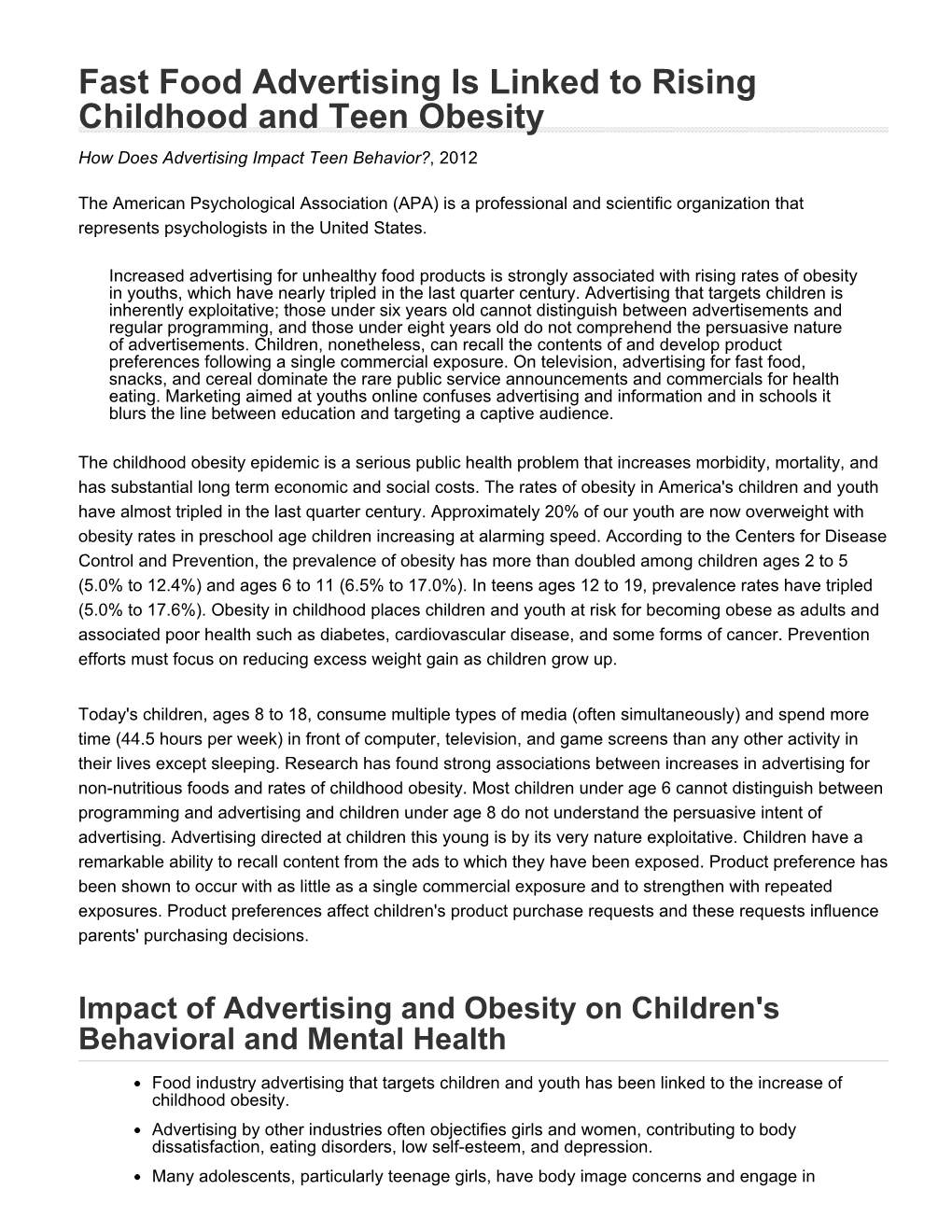 Fast Food Advertising Is Linked to Rising Childhood and Teen Obesity How Does Advertising Impact Teen Behavior?, 2012