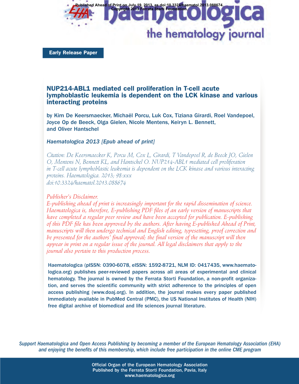 NUP214-ABL1 Mediated Cell Proliferation in T-Cell Acute Lymphoblastic Leukemia Is Dependent on the LCK Kinase and Various Interacting Proteins