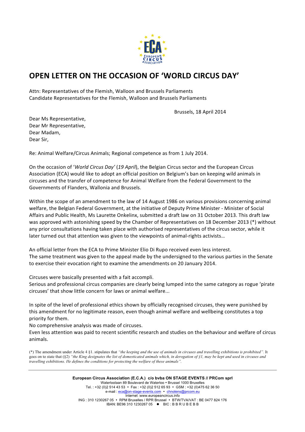 Open Letter on the Occasion of 'World Circus Day'