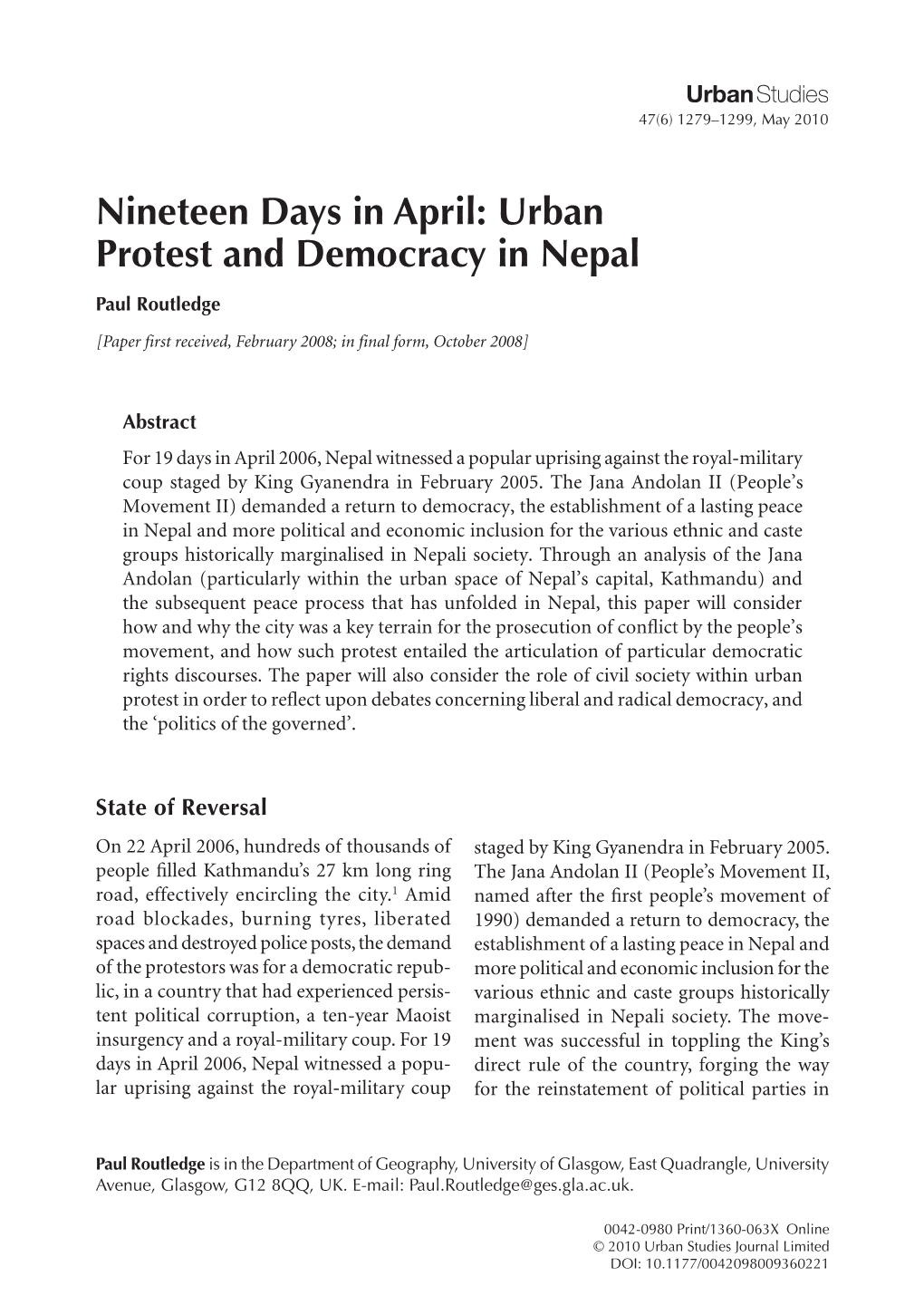 Nineteen Days in April: Urban Protest and Democracy in Nepal