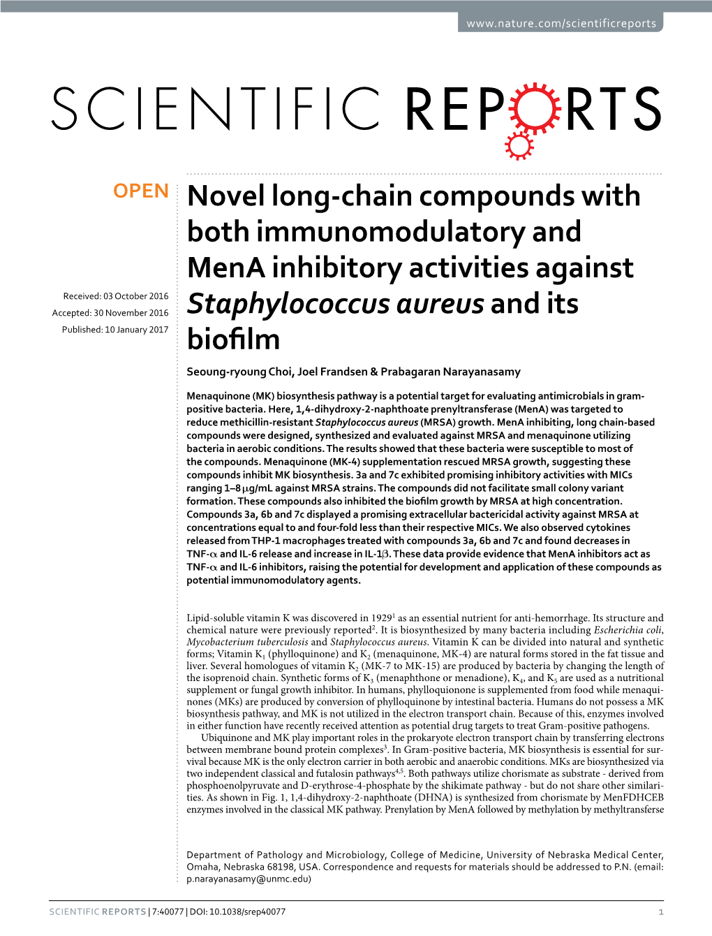 Novel Long-Chain Compounds with Both Immunomodulatory and Mena Inhibitory Activities Against Staphylococcus Aureus and Its Biofilm