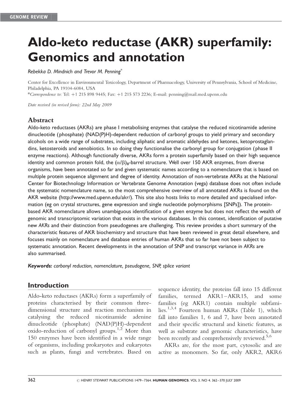 Aldo-Keto Reductase (AKR) Superfamily: Genomics and Annotation Rebekka D