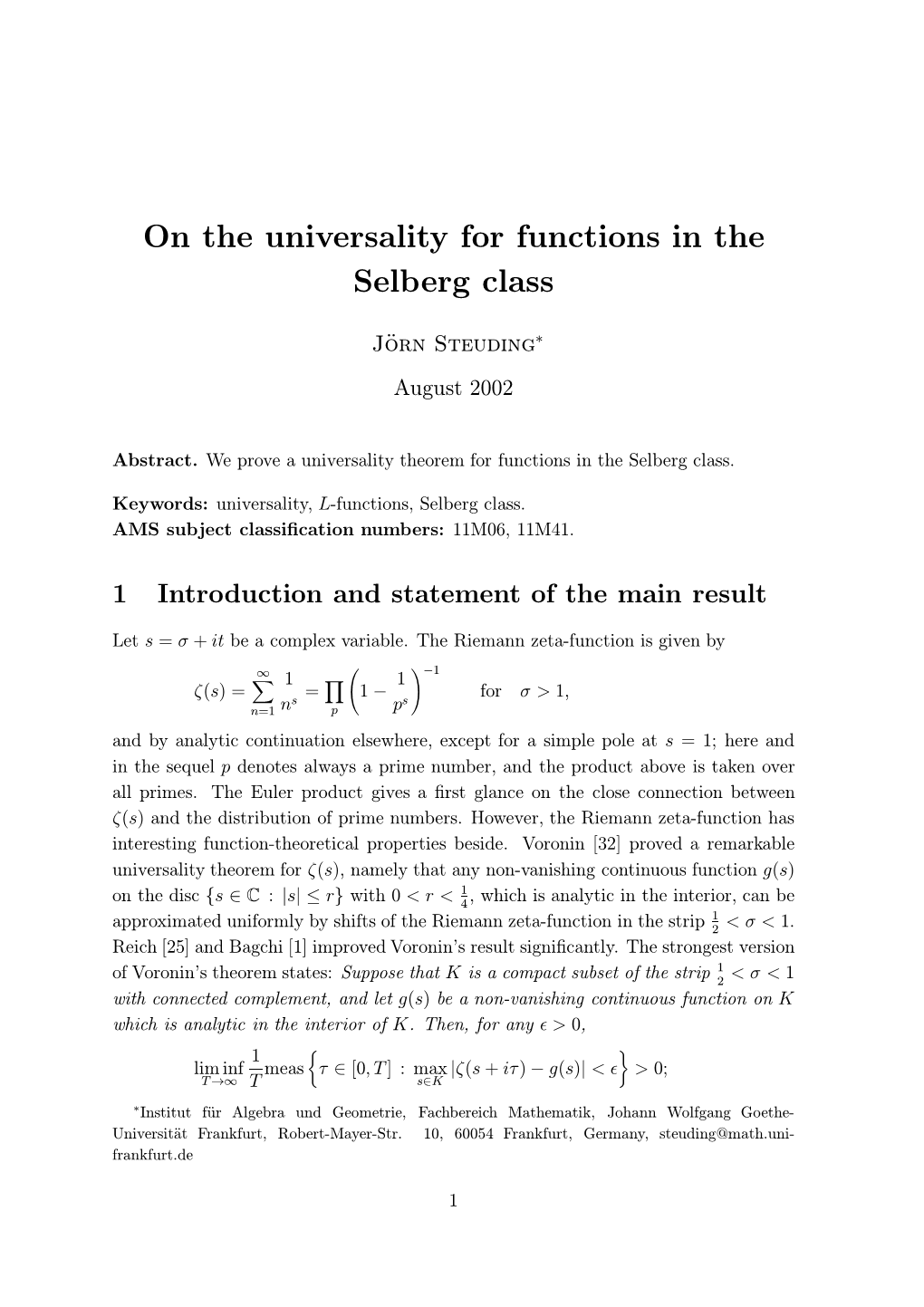 On the Universality for Functions in the Selberg Class