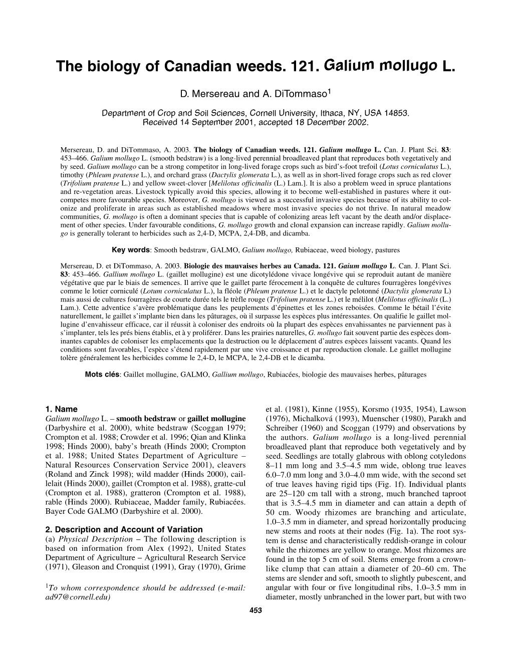 The Biology of Canadian Weeds. 121. Galium Mollugo L