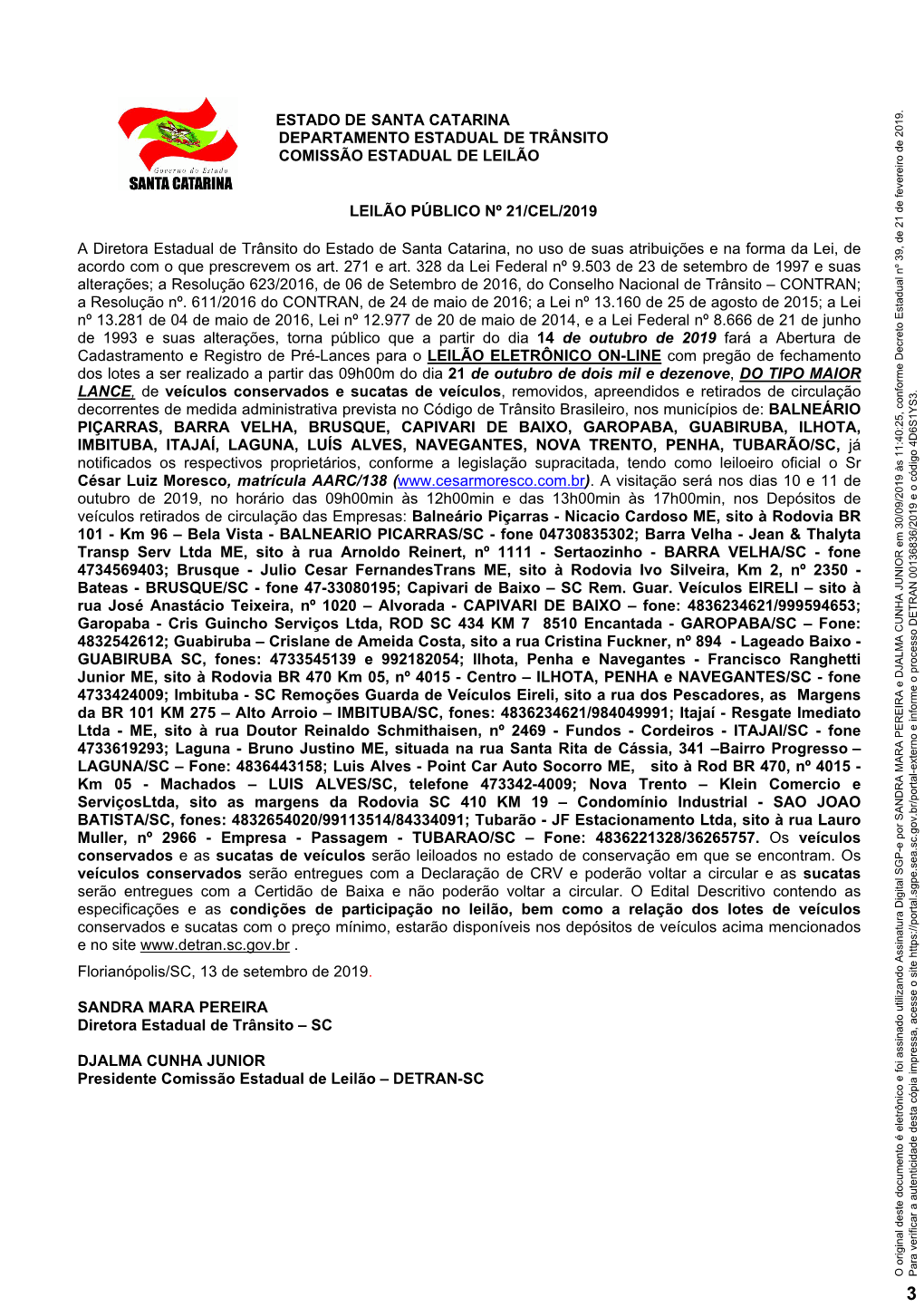 Estado De Santa Catarina Departamento Estadual De Trânsito Comissão Estadual De Leilão