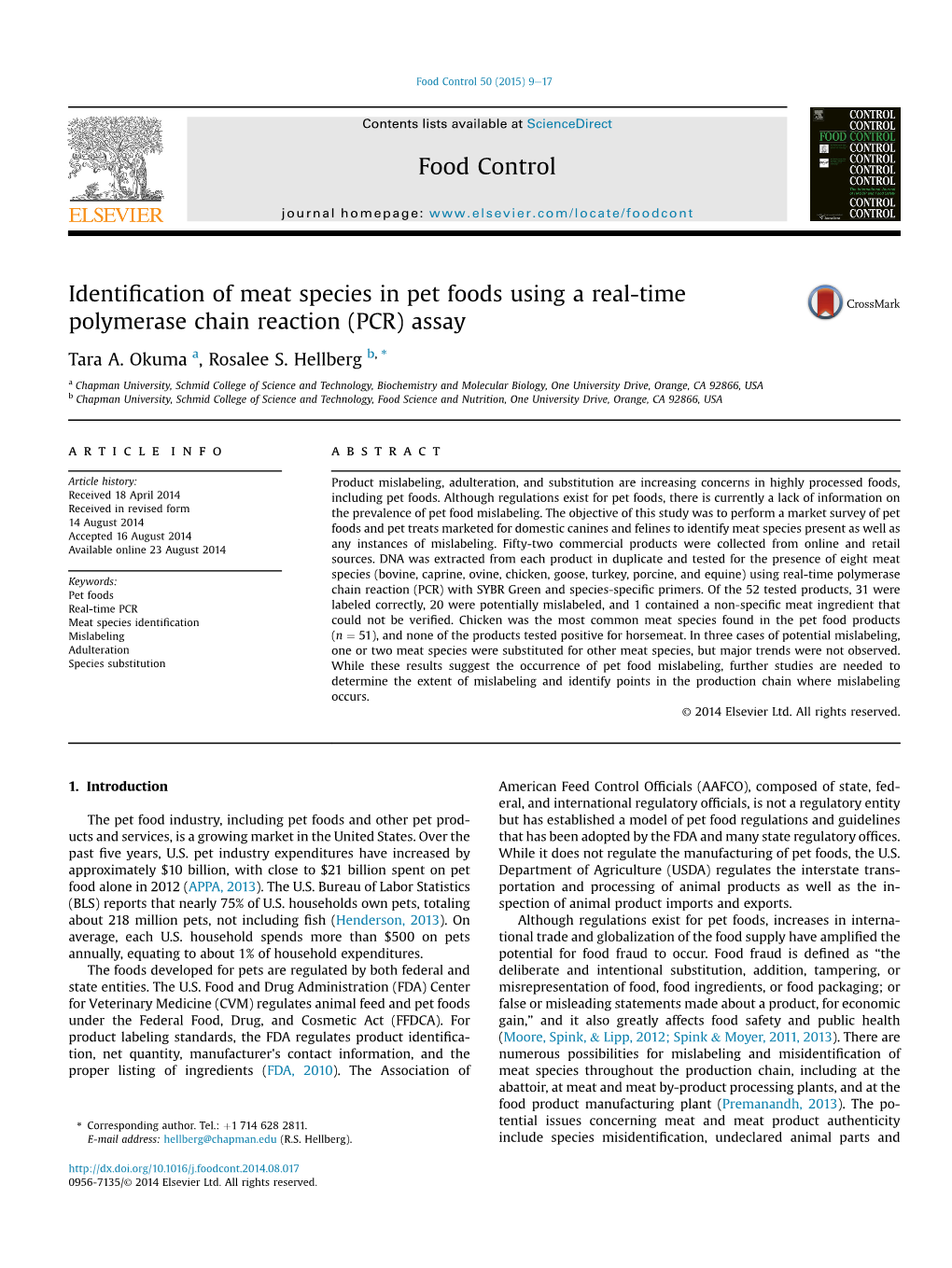 Identification of Meat Species in Pet Foods Using a Real-Time Polymerase