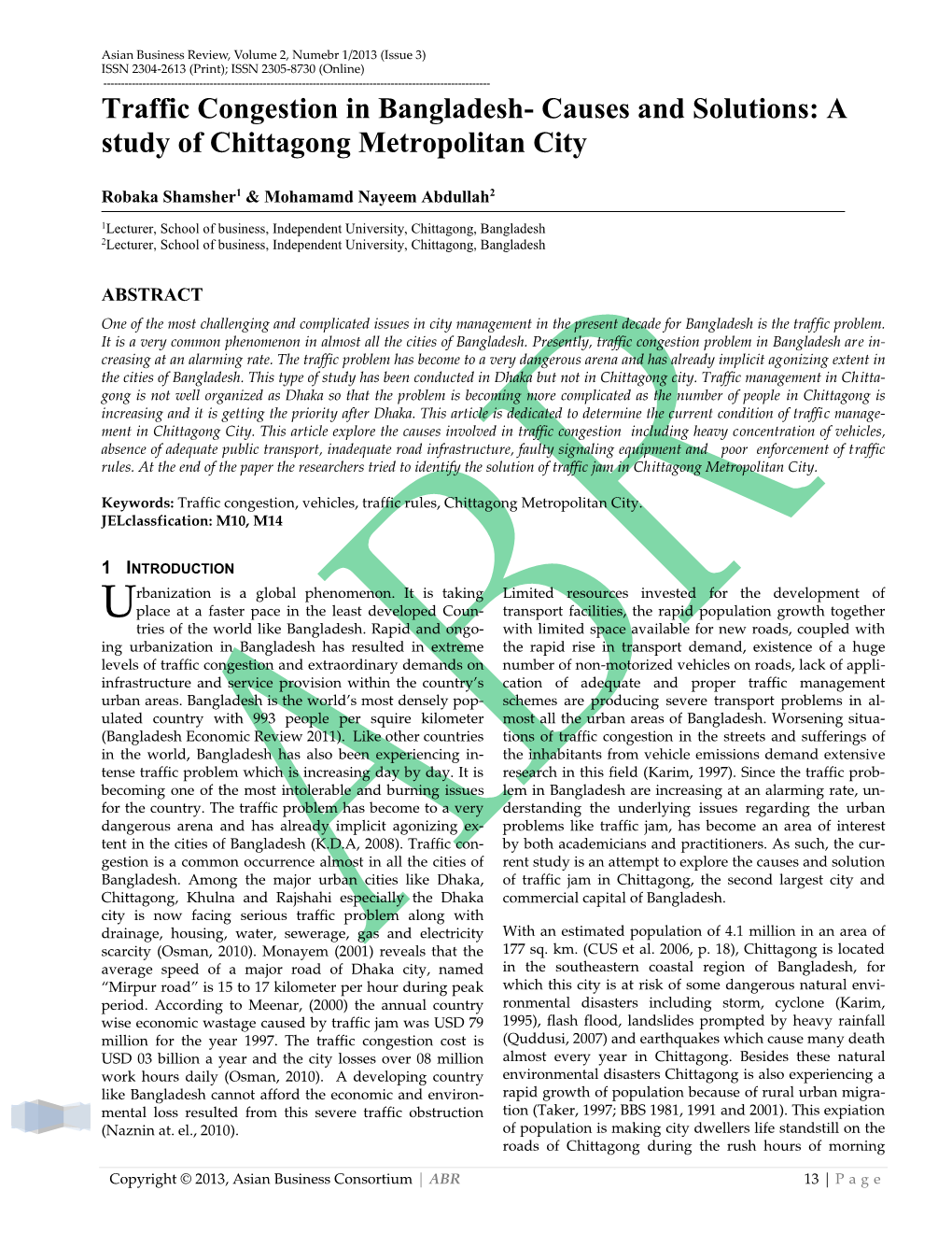 Traffic Congestion in Bangladesh- Causes and Solutions: a Study of Chittagong Metropolitan City