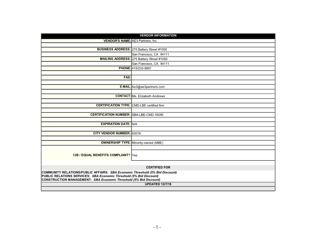 VENDOR INFORMATION VENDOR's NAME: AE3 Partners, Inc