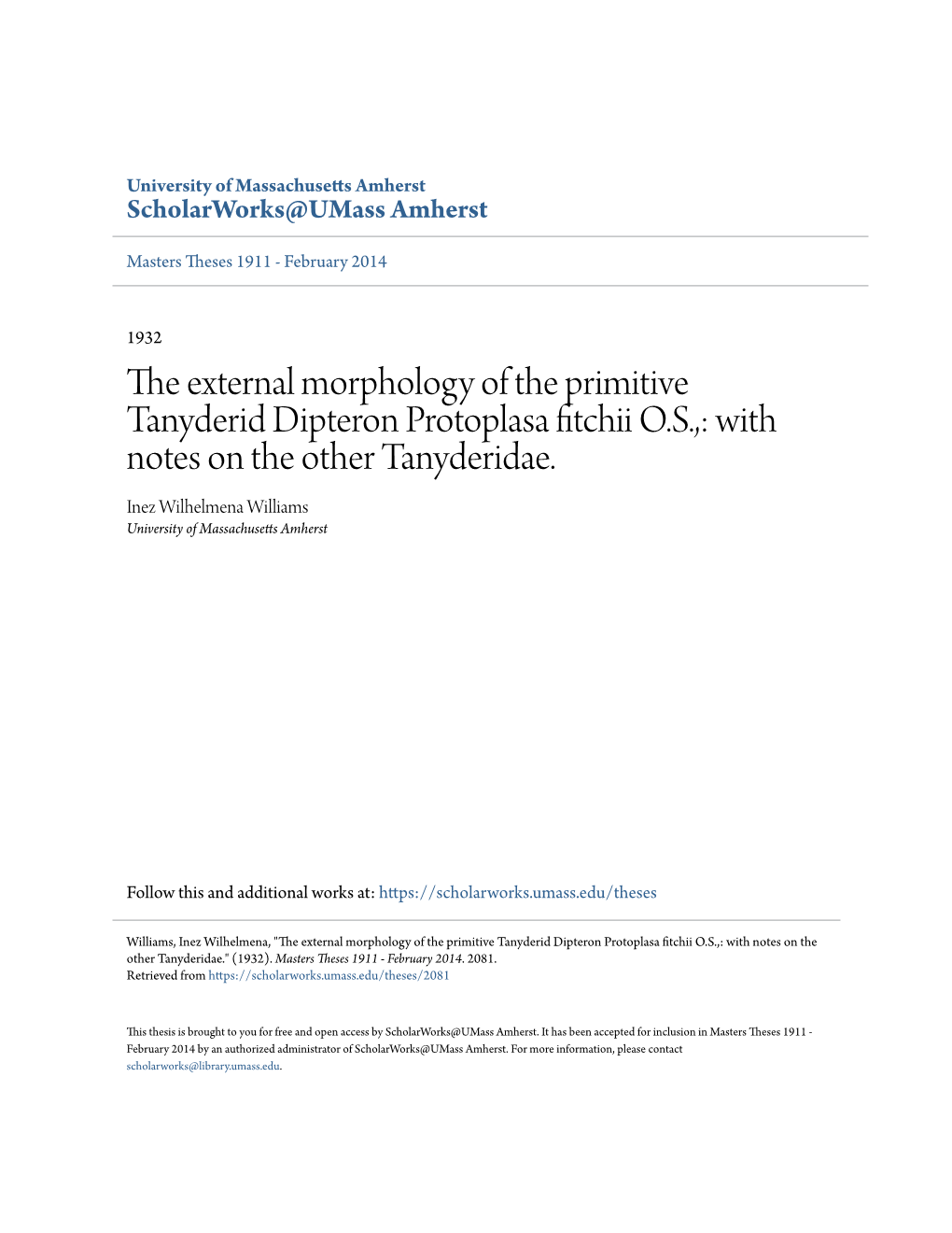 The External Morphology of the Primitive Tanyderid Dipteron Protoplasa Fitchii O.S.,: with Notes on the Other Tanyderidae