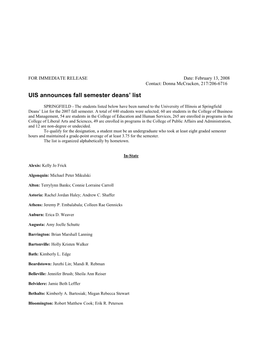 UIS Announces Fall Semester Deans' List