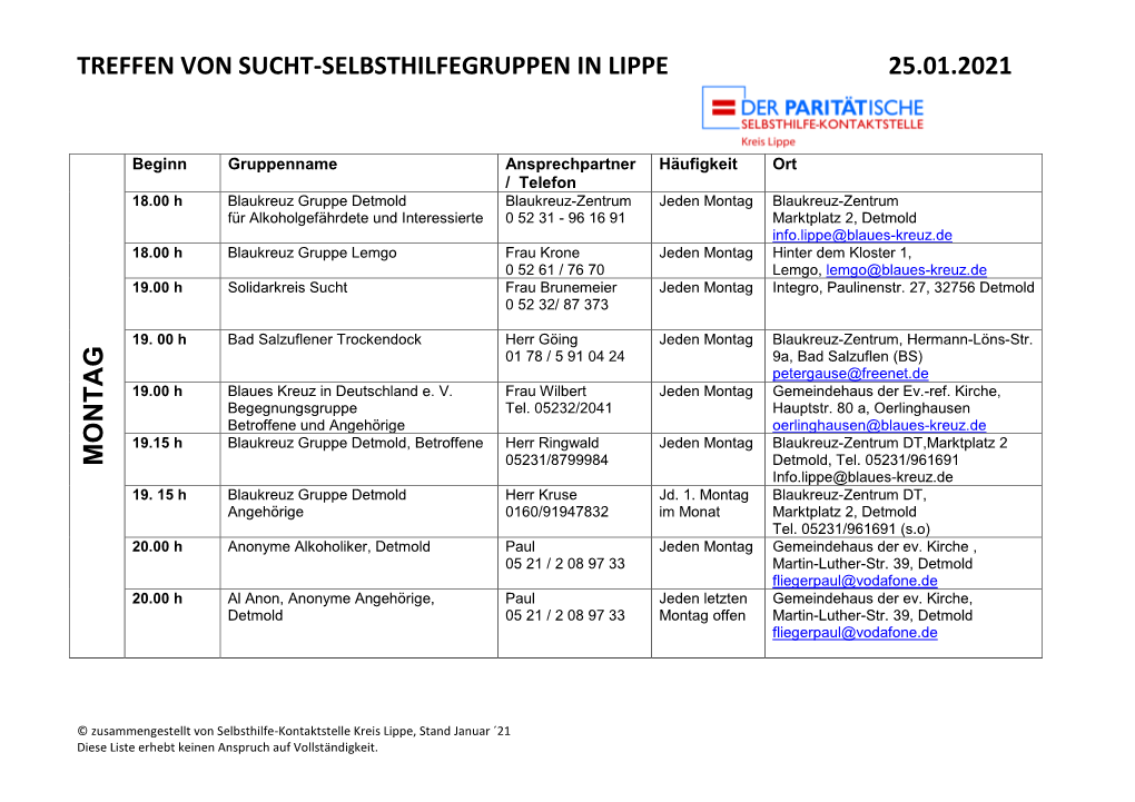 Treffen Von Sucht-Selbsthilfegruppen in Lippe 25.01.2021